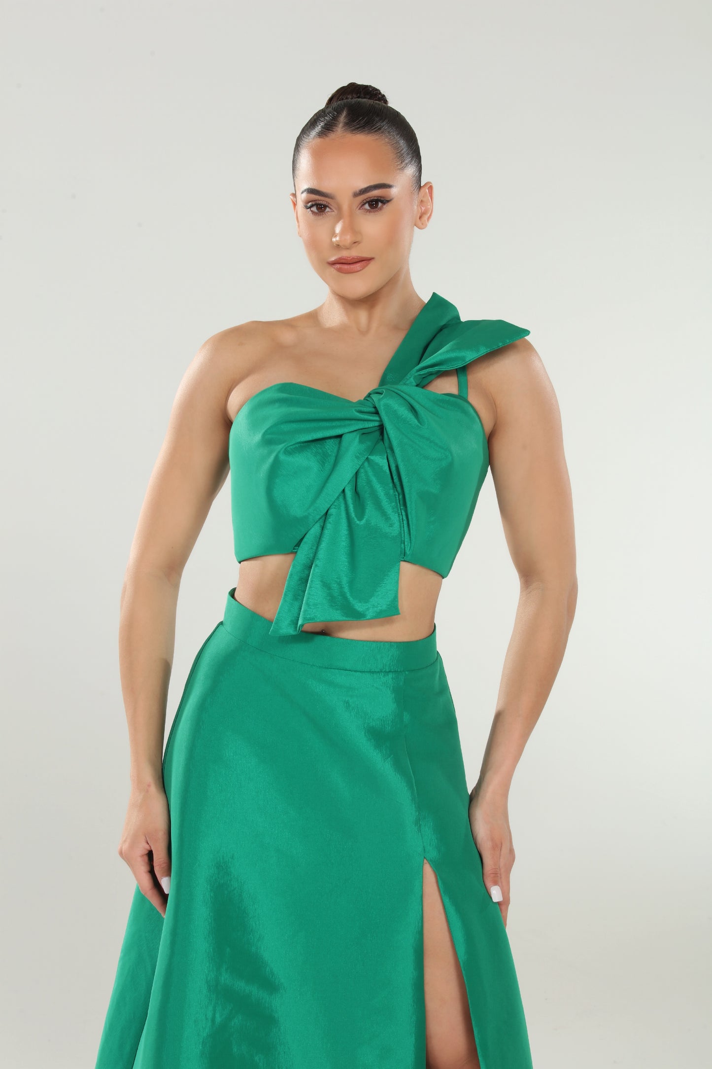 Zoe taffeta knot front bow crop top and slit high waisted skirt set
