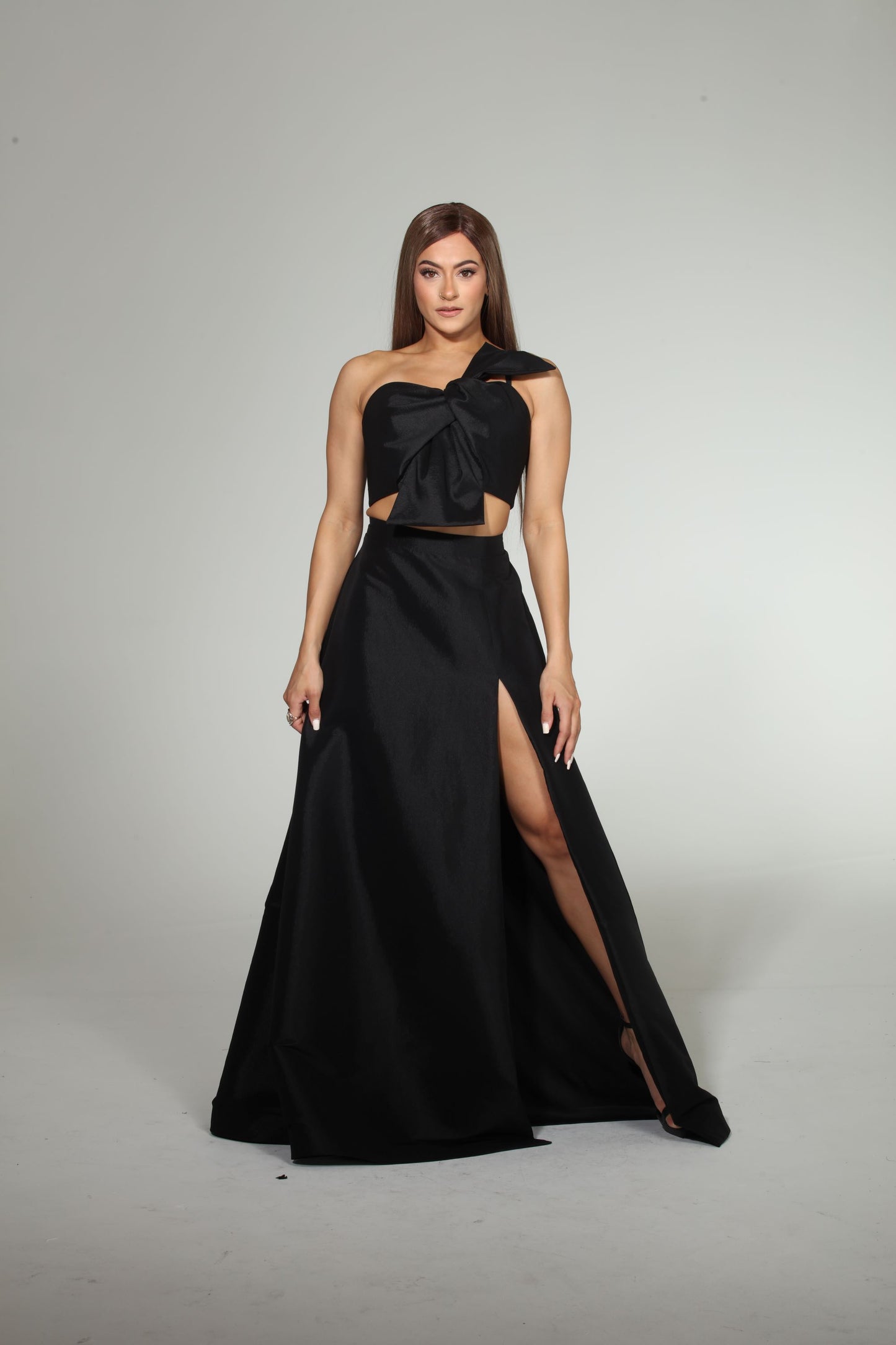 Zoe taffeta knot front bow crop top and slit high waisted skirt set