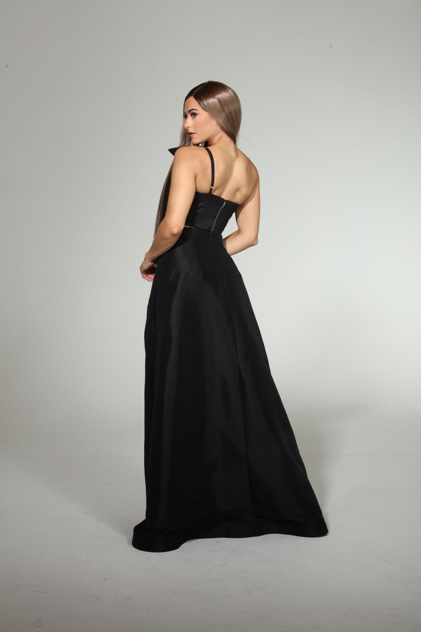 Zoe taffeta knot front bow crop top and slit high waisted skirt set