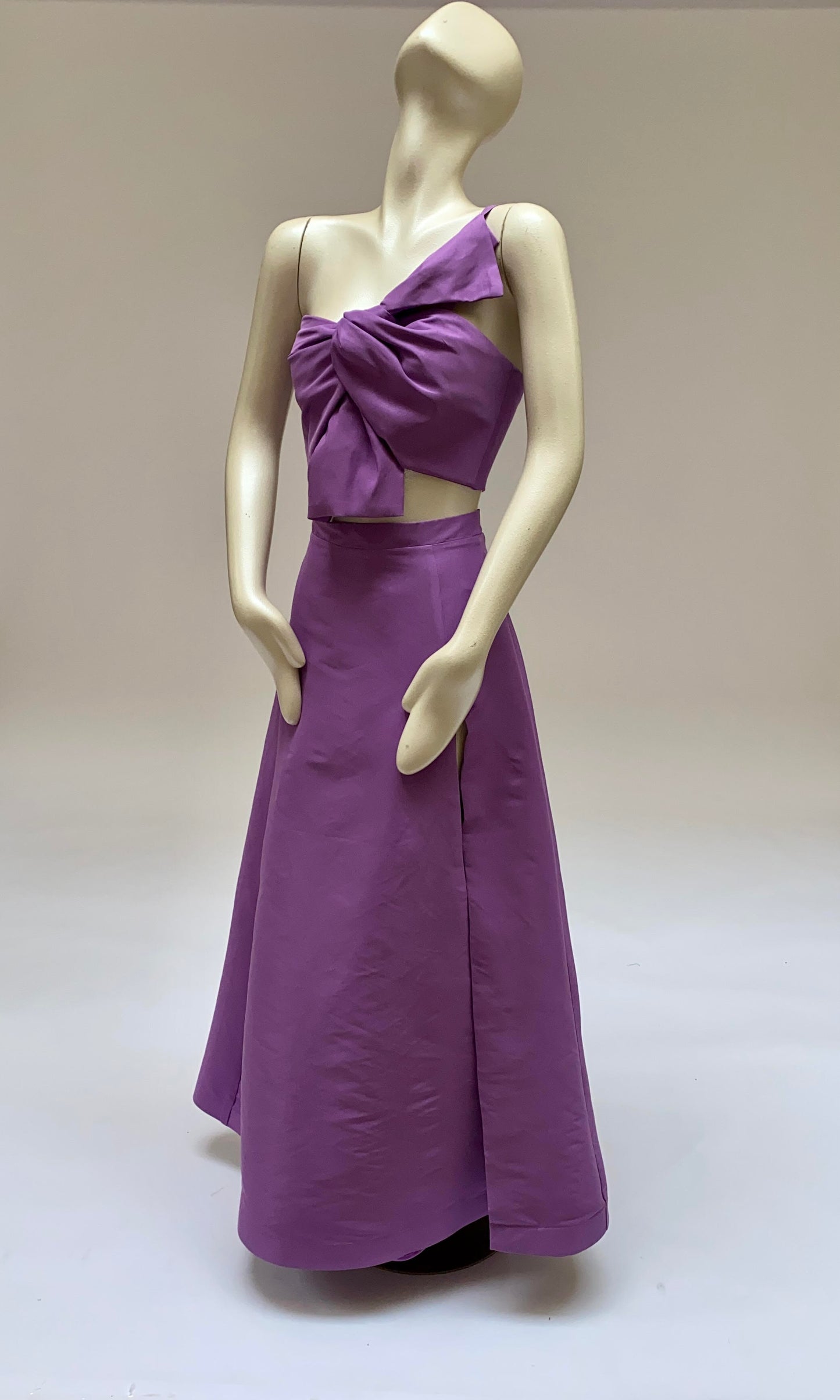 Zoe taffeta knot front bow crop top and slit high waisted skirt set
