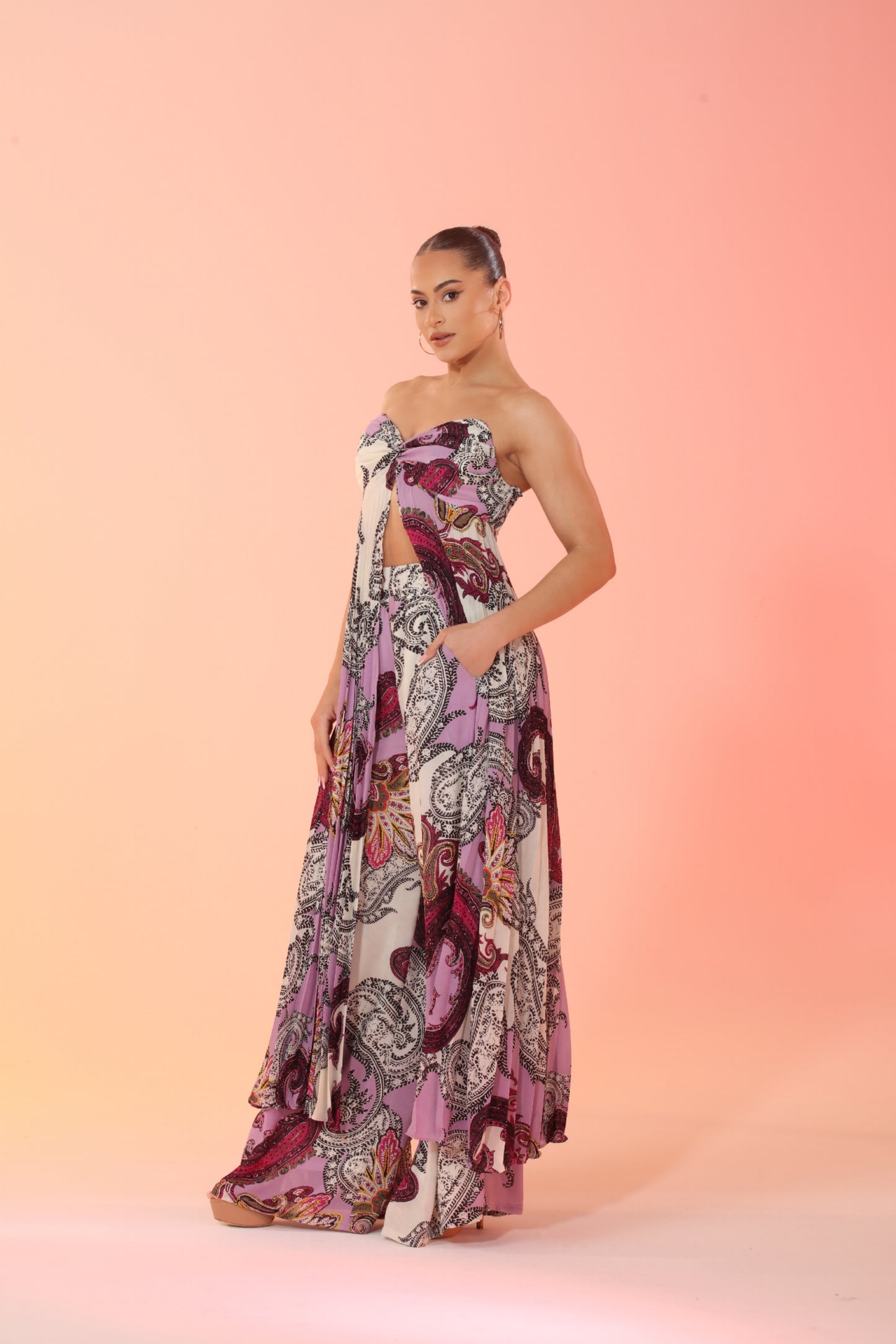 Celeste chiffon paisley pleated split front top and high waisted pants with pockets set