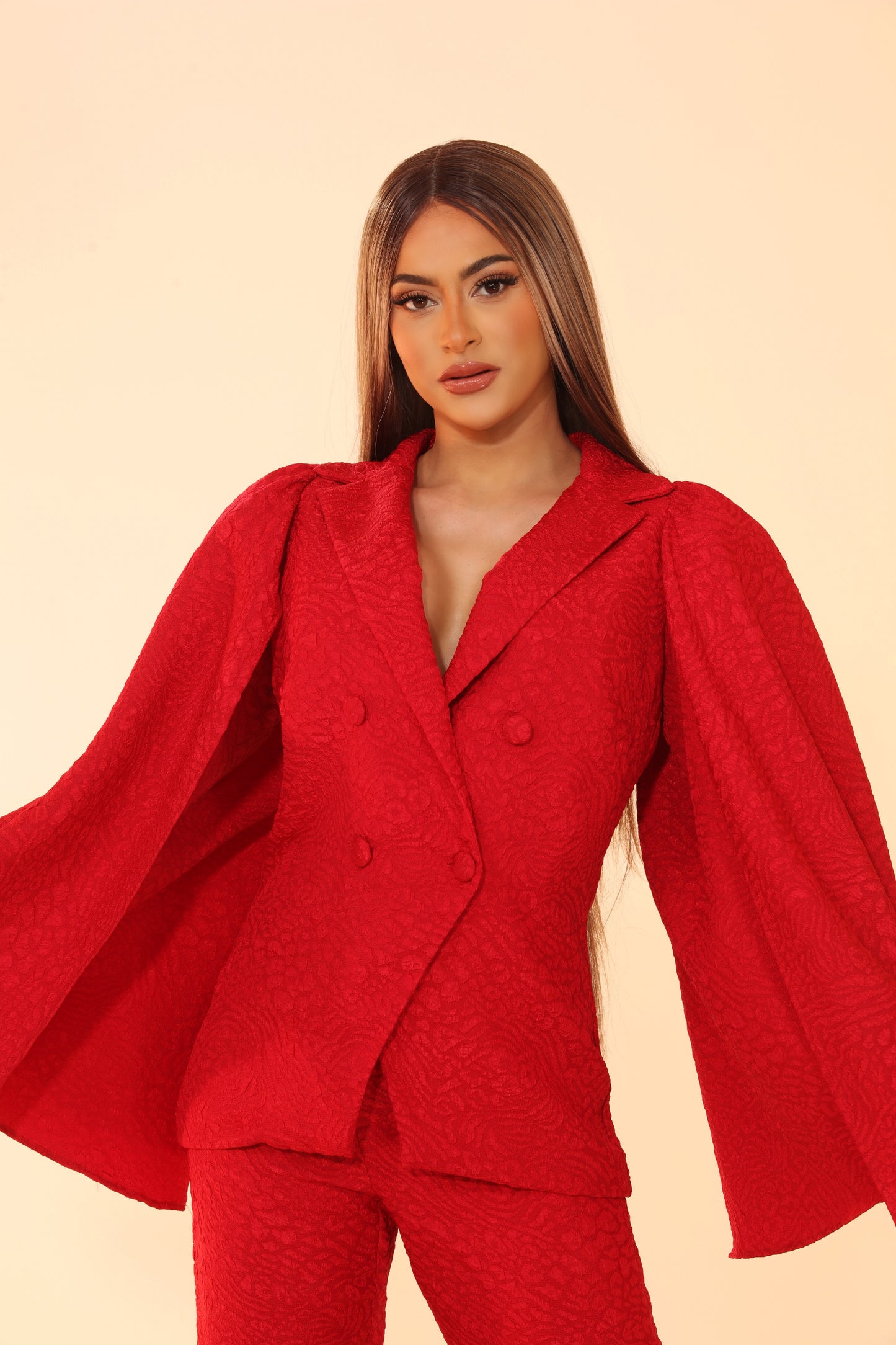 Made for Allure bell sleeve jacket and split pants suit set
