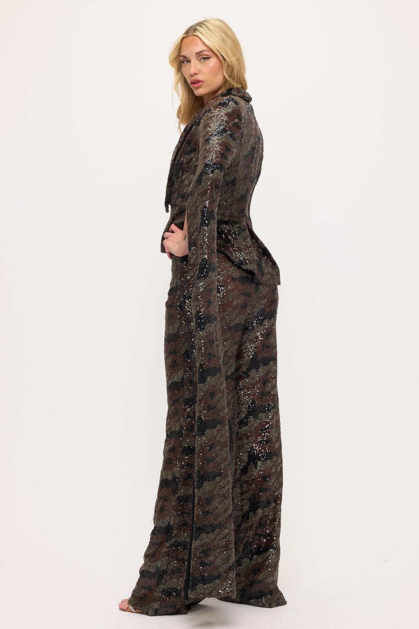 Shining sequin marble split floor length sleeve jacket and high waisted pants suit set
