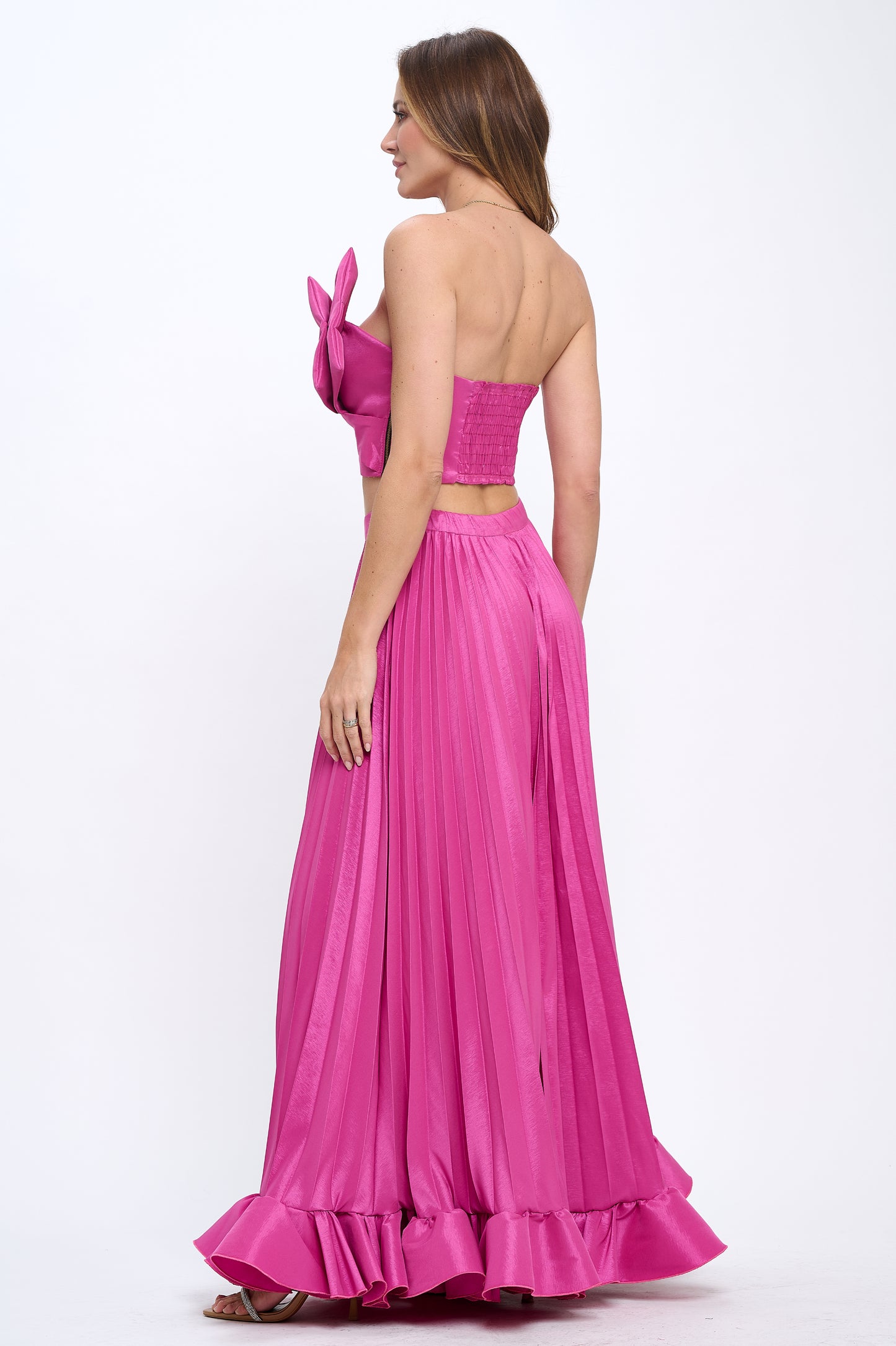 Taffeta bow crop top and pleated maxi skirt set