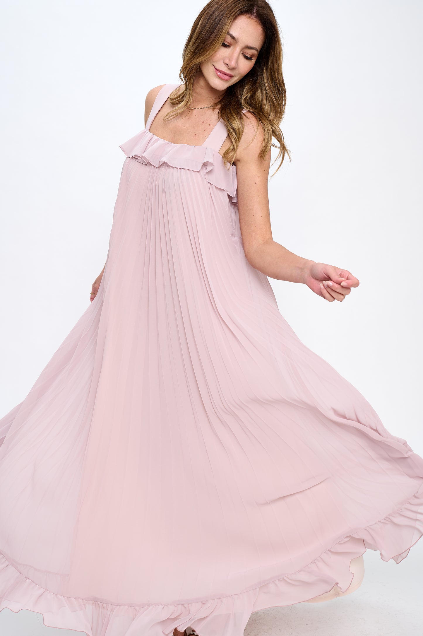 Pleated chiffon flowy ruffle maxi dress