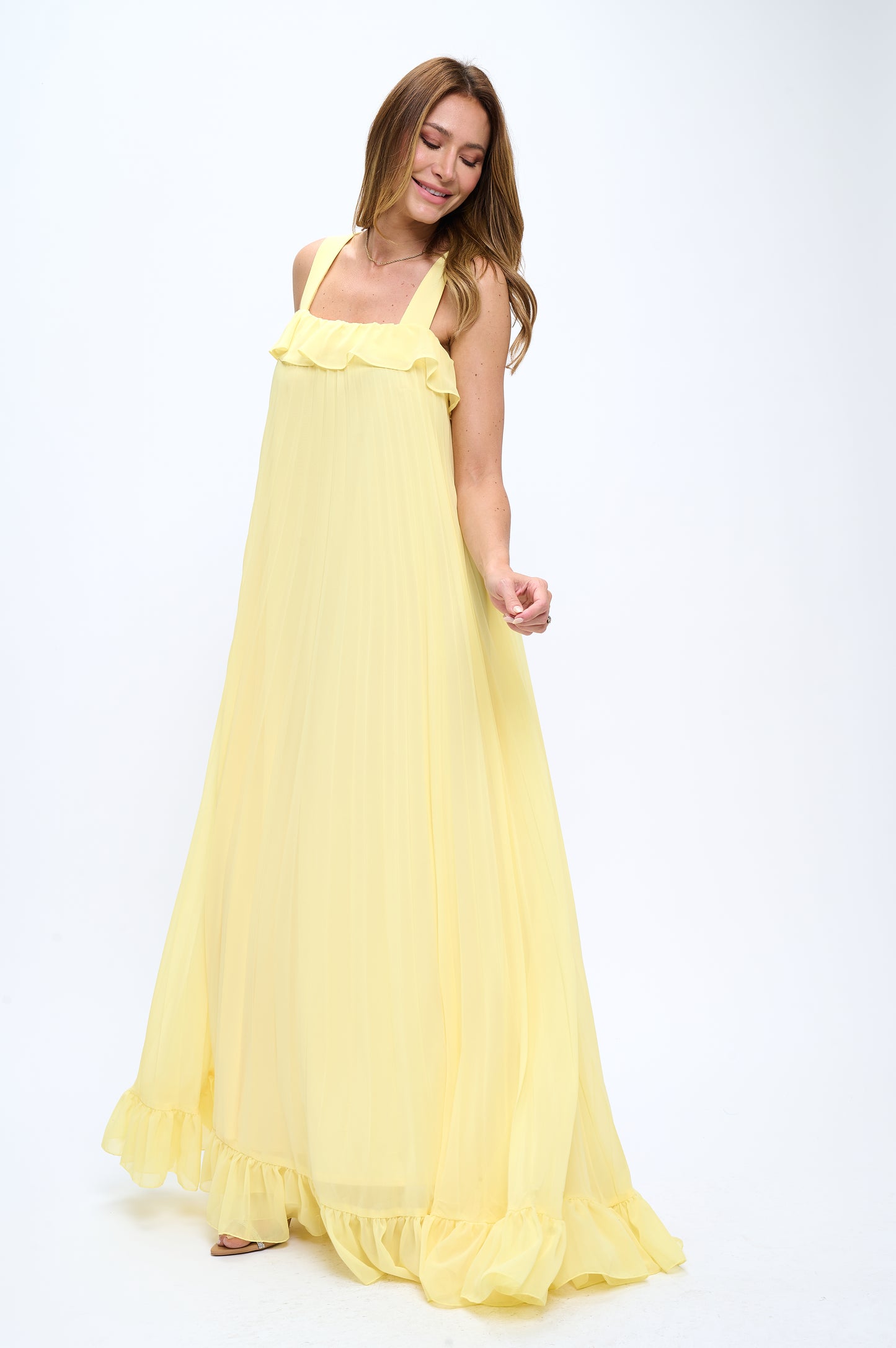 Pleated chiffon flowy ruffle maxi dress