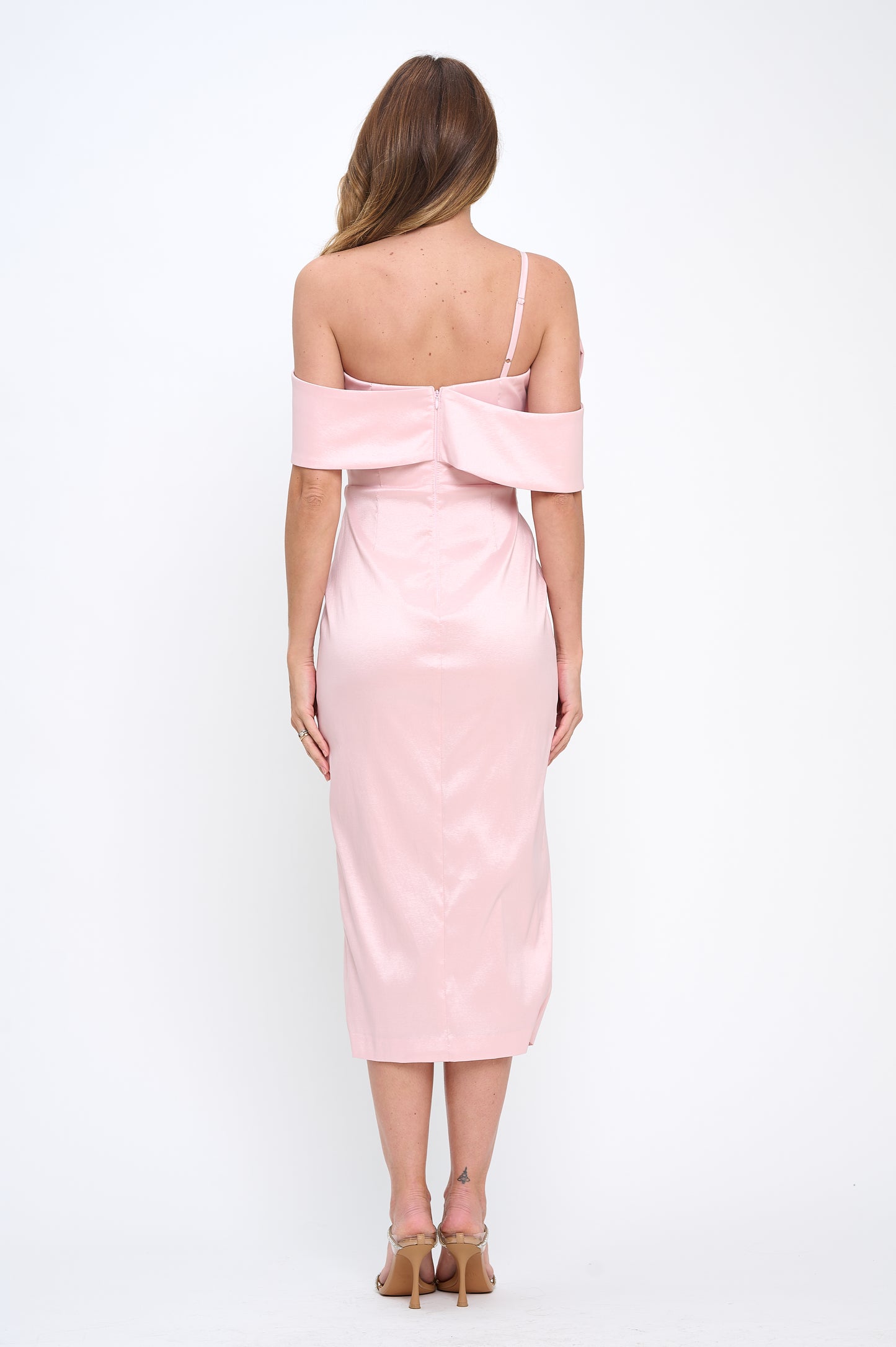 Classy demeanor off the shoulder bow midi taffeta dress