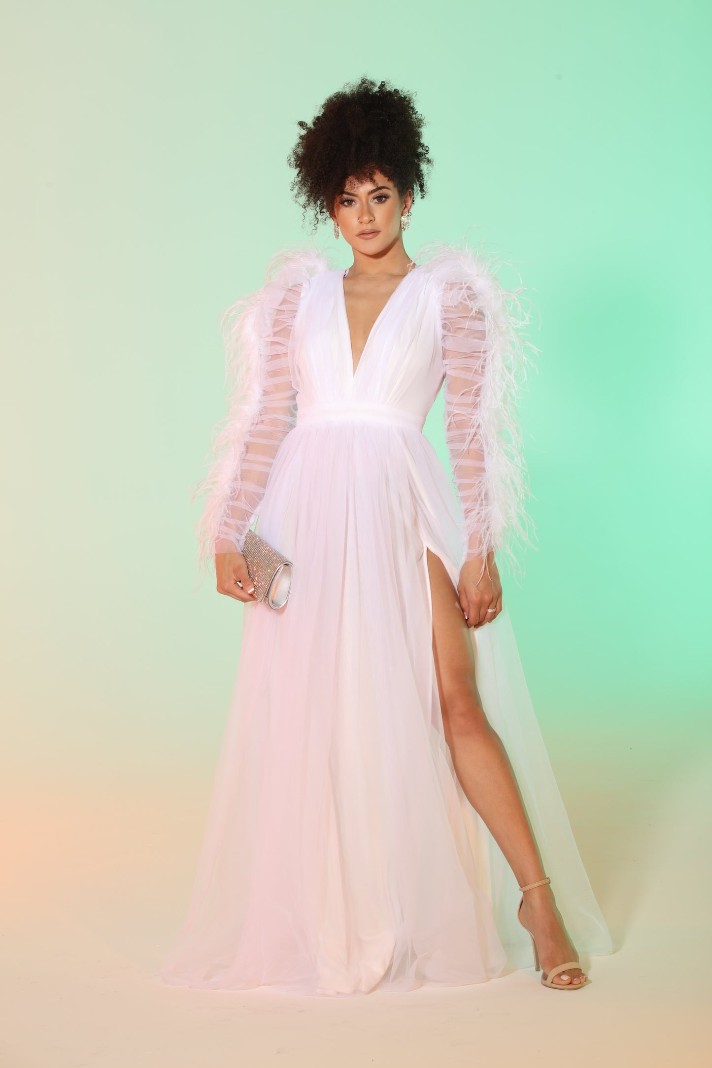 Pre-Order Evvie feather trim tulle slit gown
