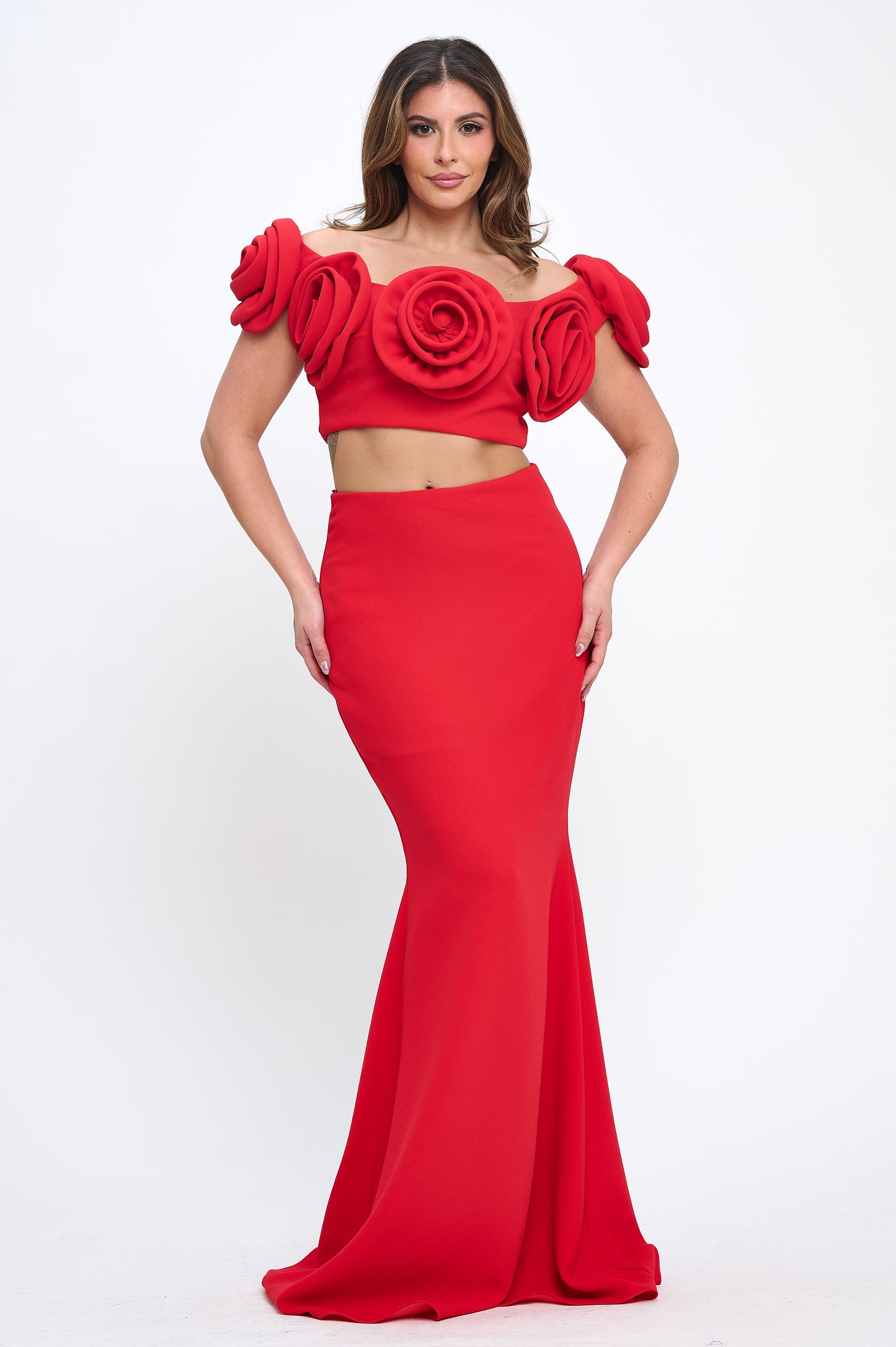 Rose detail off shoulder crop top and maxi skirt set