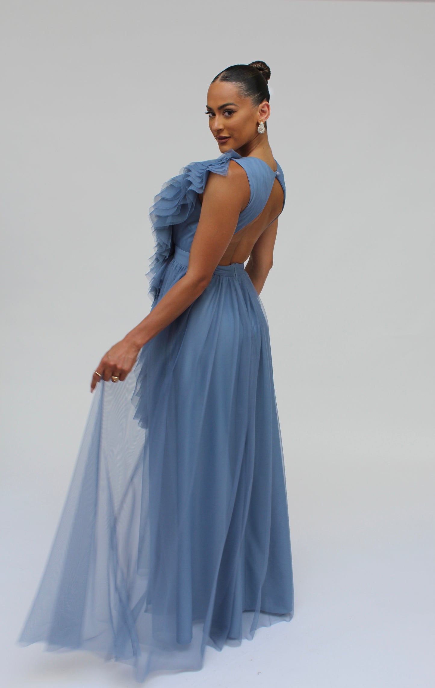 Elegant engagement ruffle layered tulle cascading gown with front slit