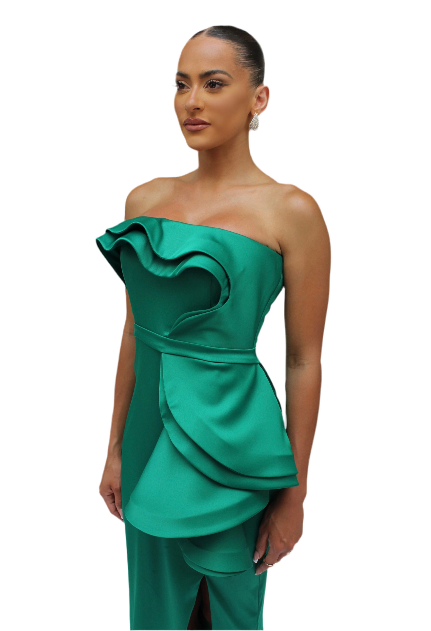 Strapless cascading drape gown