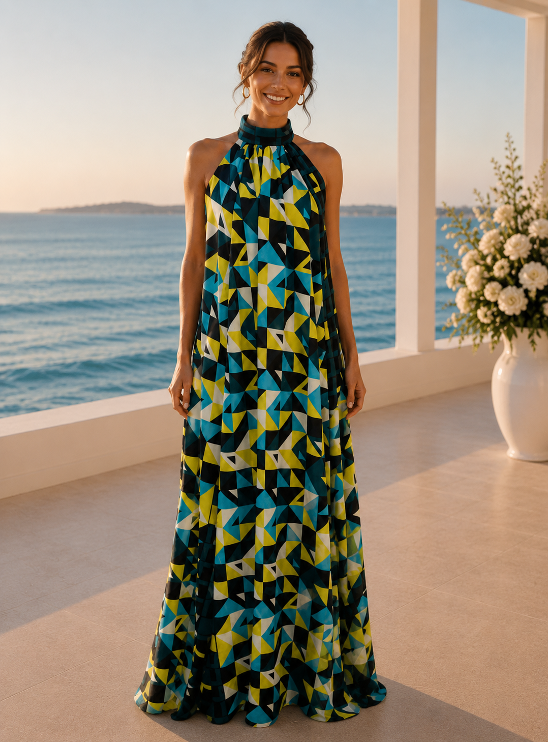 Chiffon print halter open back maxi dress