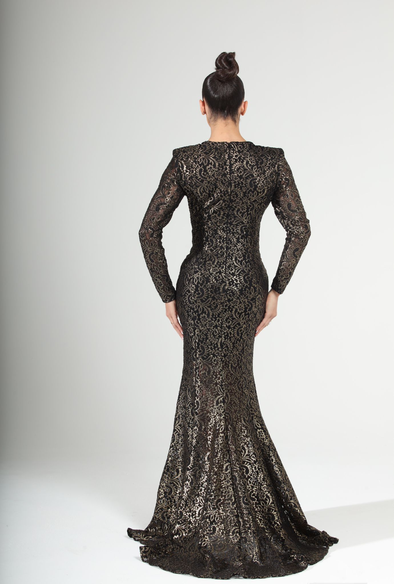 Grace long sleeve knot front metallic slit lace gown