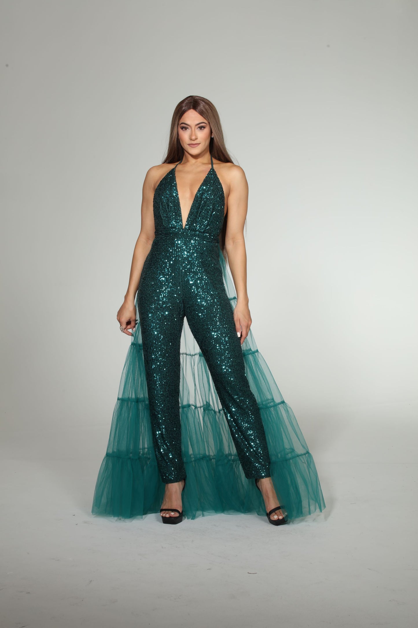 Iconic Elegance sequin bodycon jumpsuit with detachable tulle tiered train