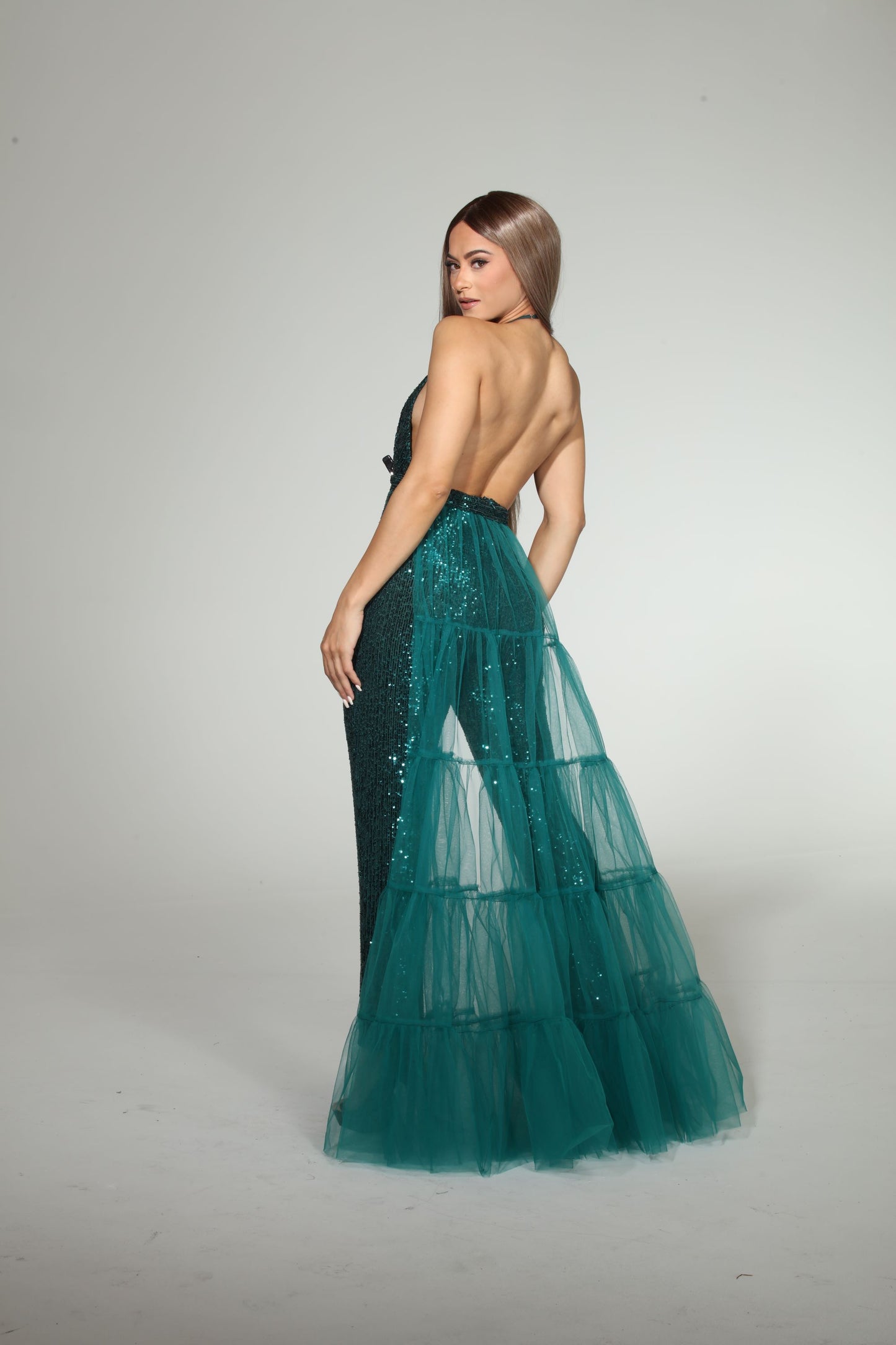 Iconic Elegance sequin bodycon jumpsuit with detachable tulle tiered train