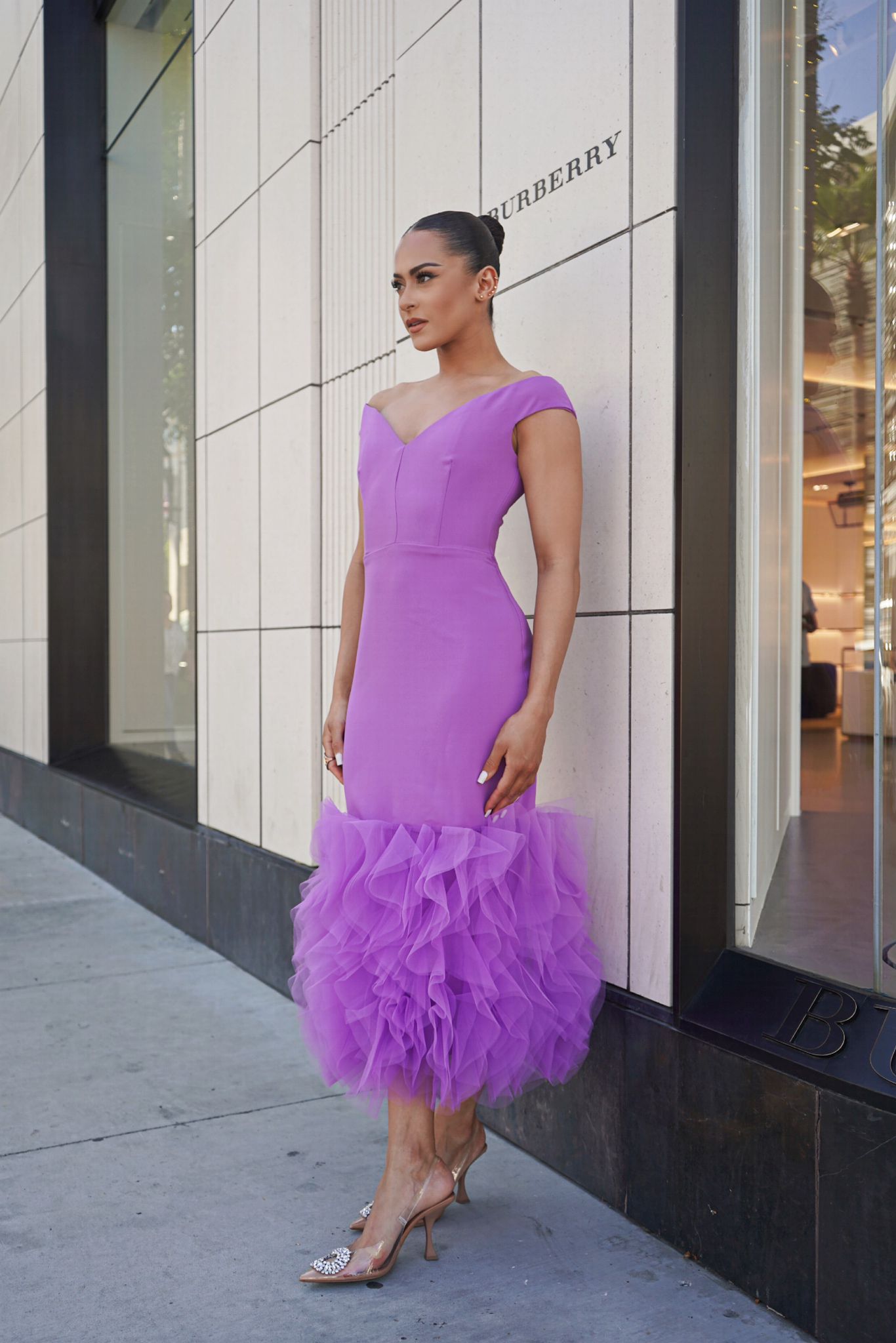 Chloe off shoulder scuba fitted tulle contrast midi dress