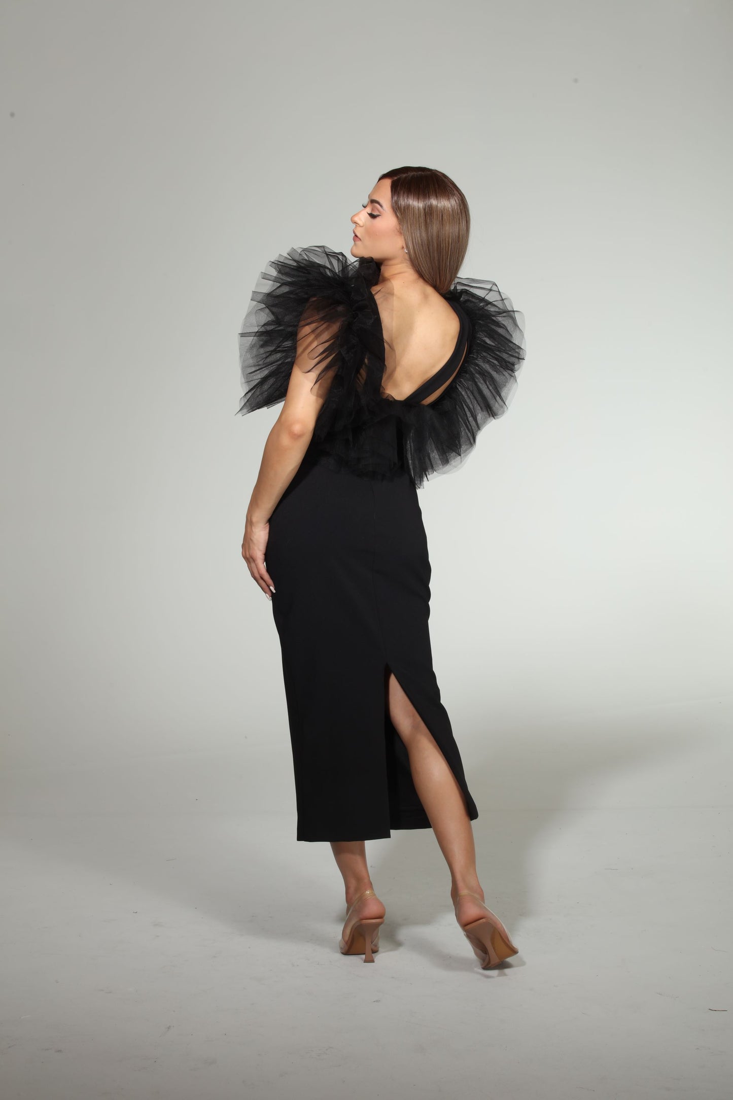 Tulle trim sleeve v-neckline slit back scuba midi dress