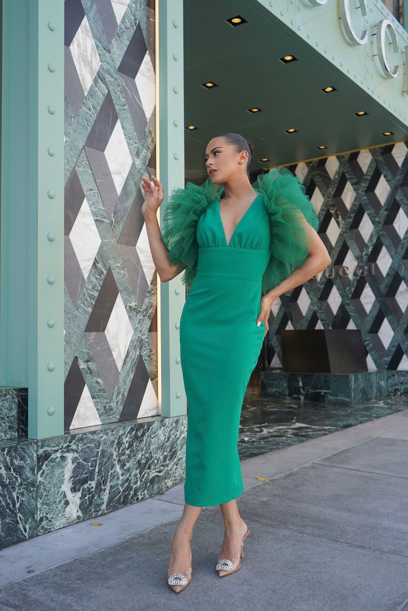 Tulle trim sleeve v-neckline slit back scuba midi dress