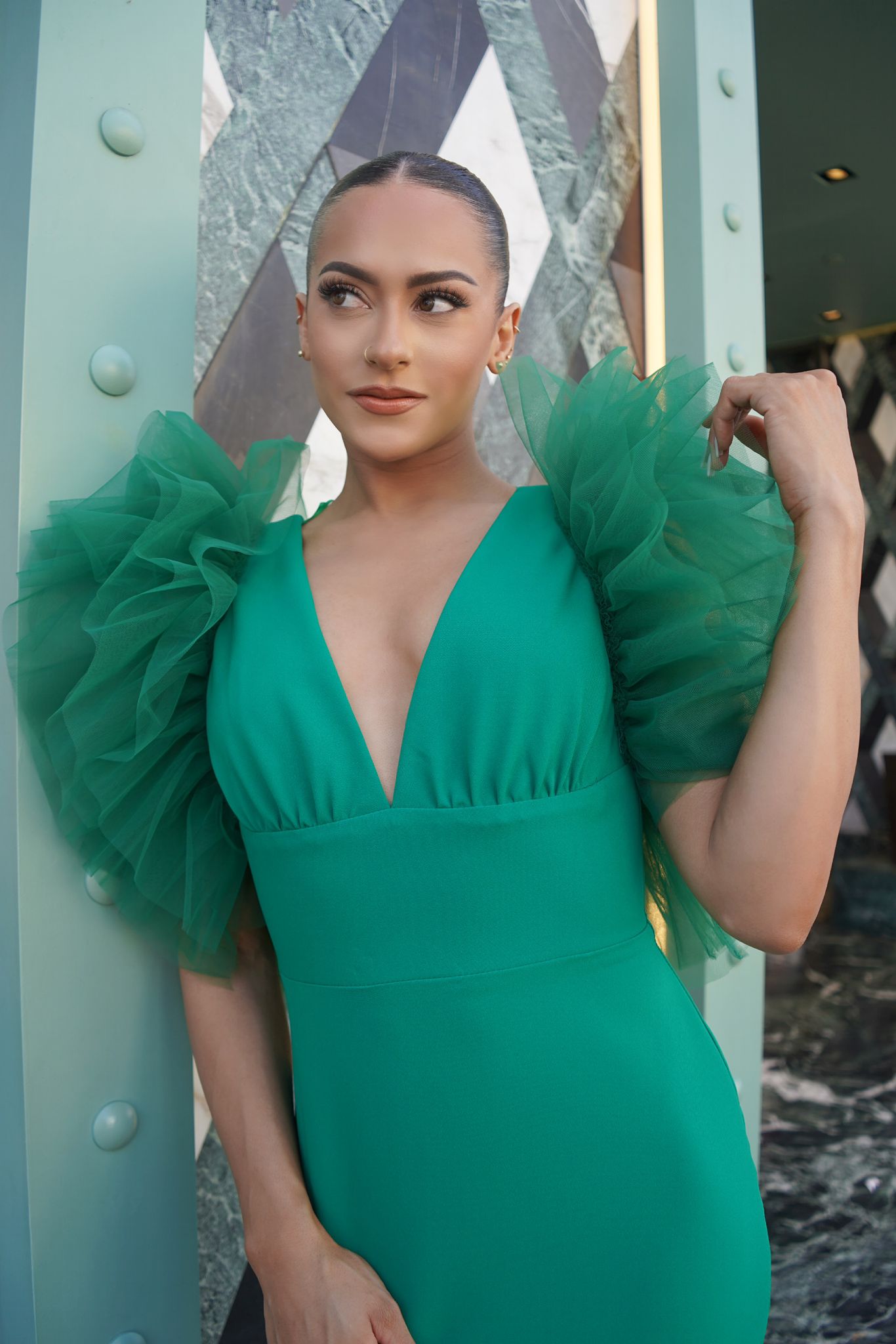 Tulle trim sleeve v-neckline slit back scuba midi dress