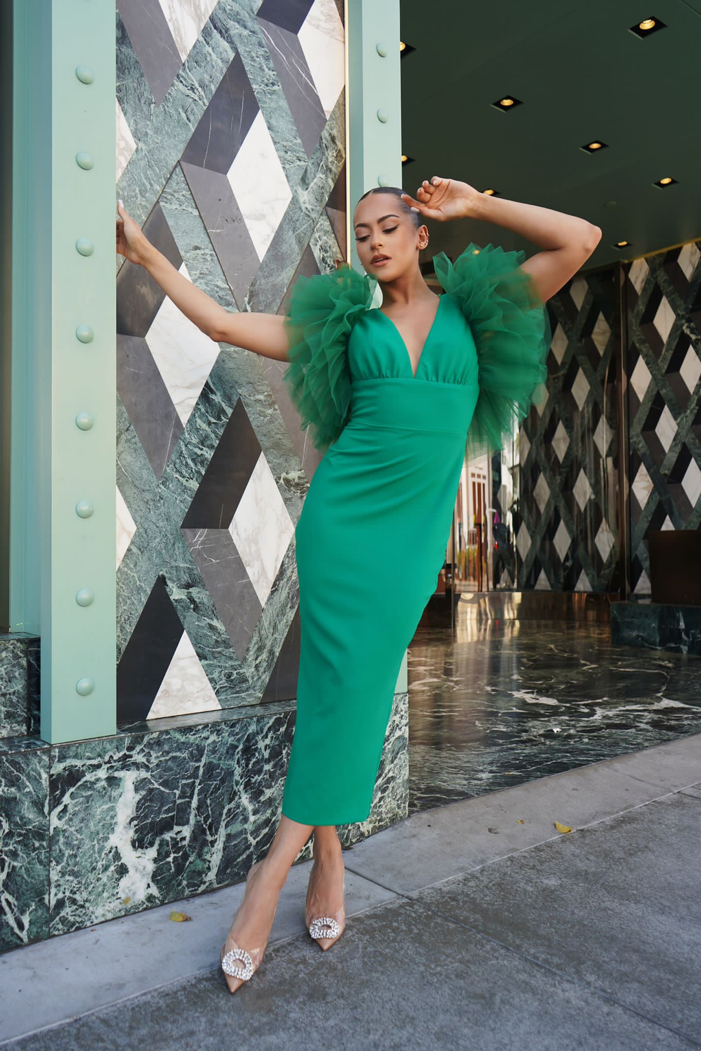 Tulle trim sleeve v-neckline slit back scuba midi dress