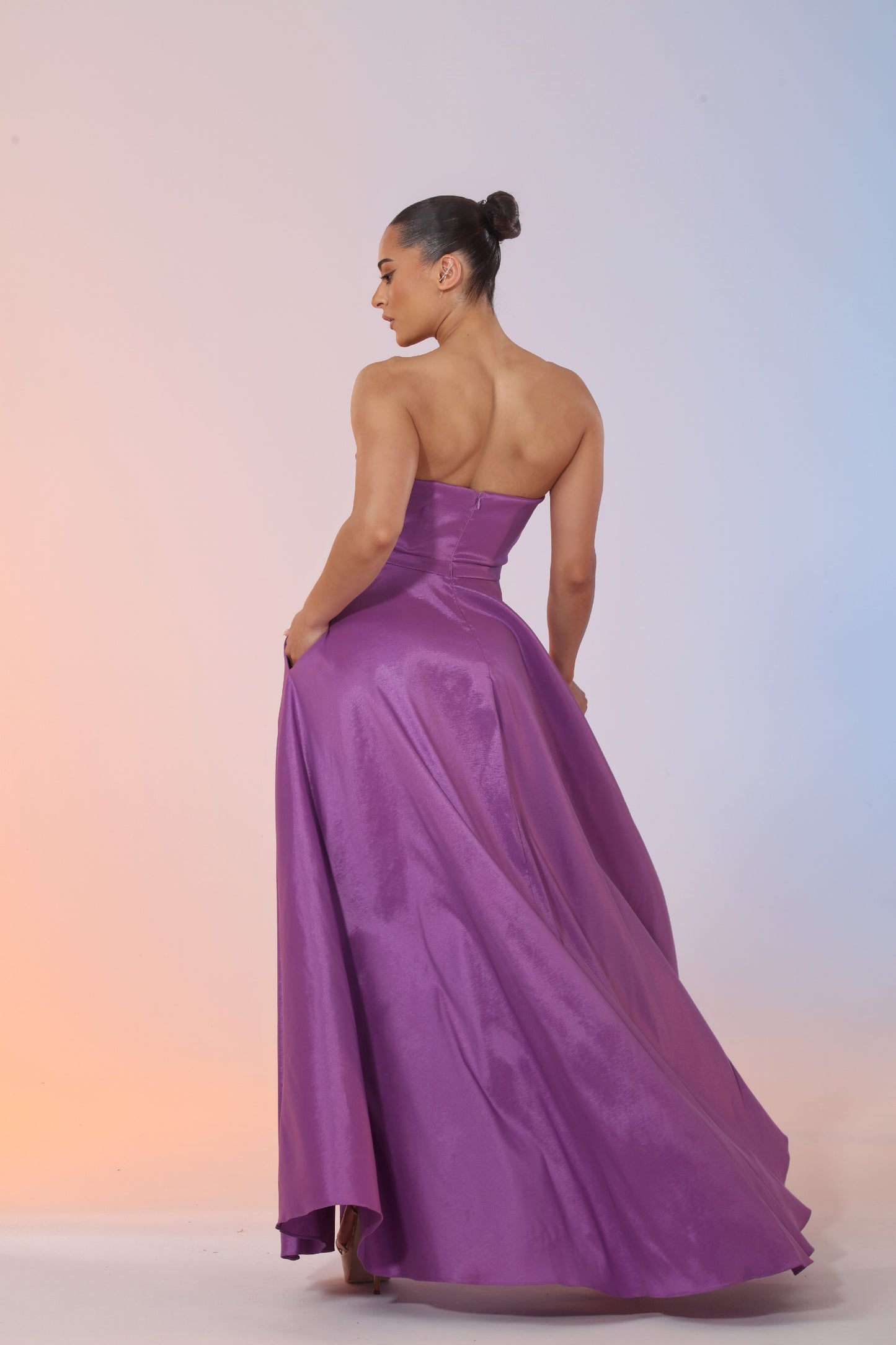 Victoria strapless taffeta knot bodice gown with high side slit and pockets