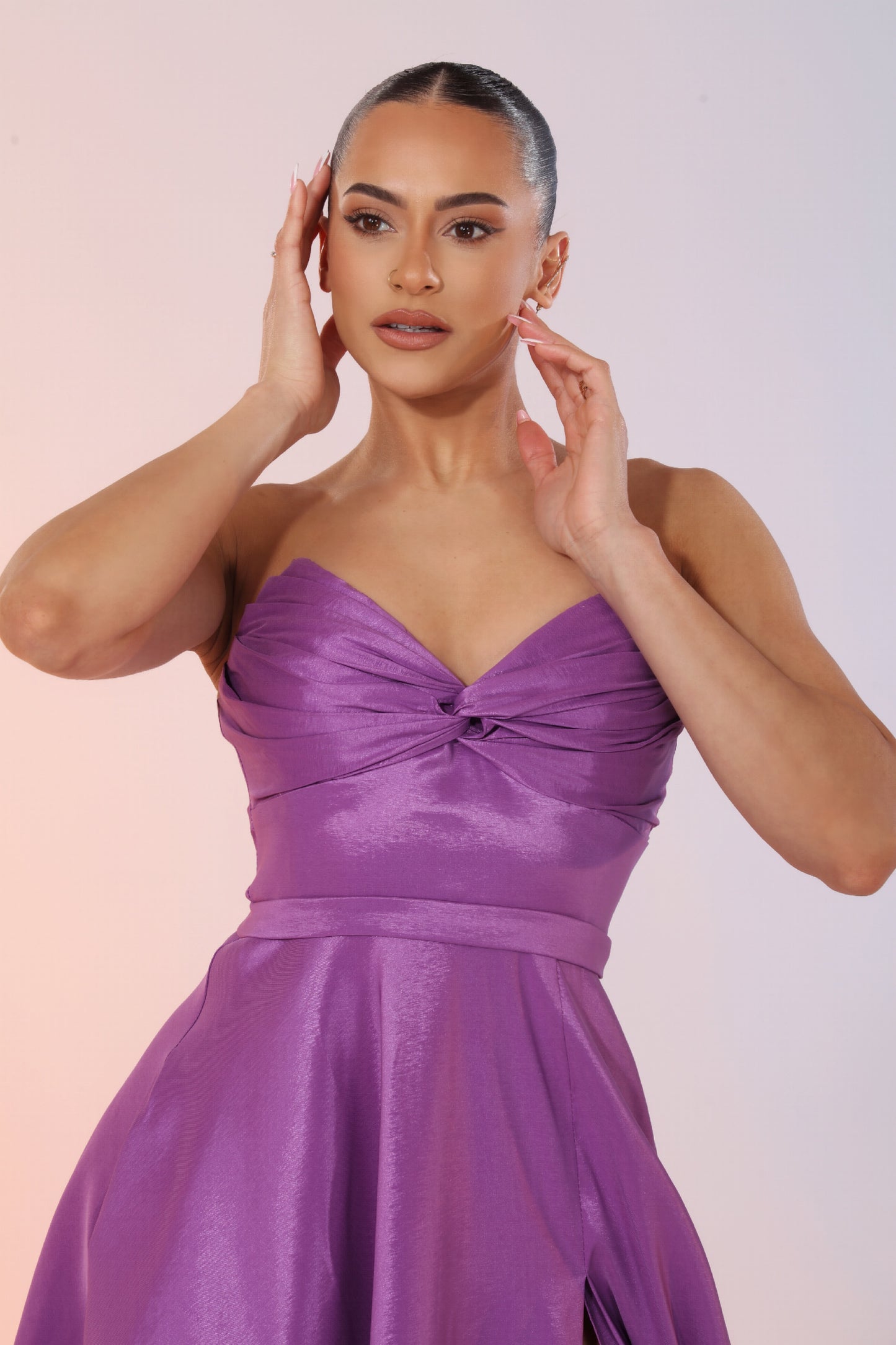 Victoria strapless taffeta knot bodice gown with high side slit and pockets