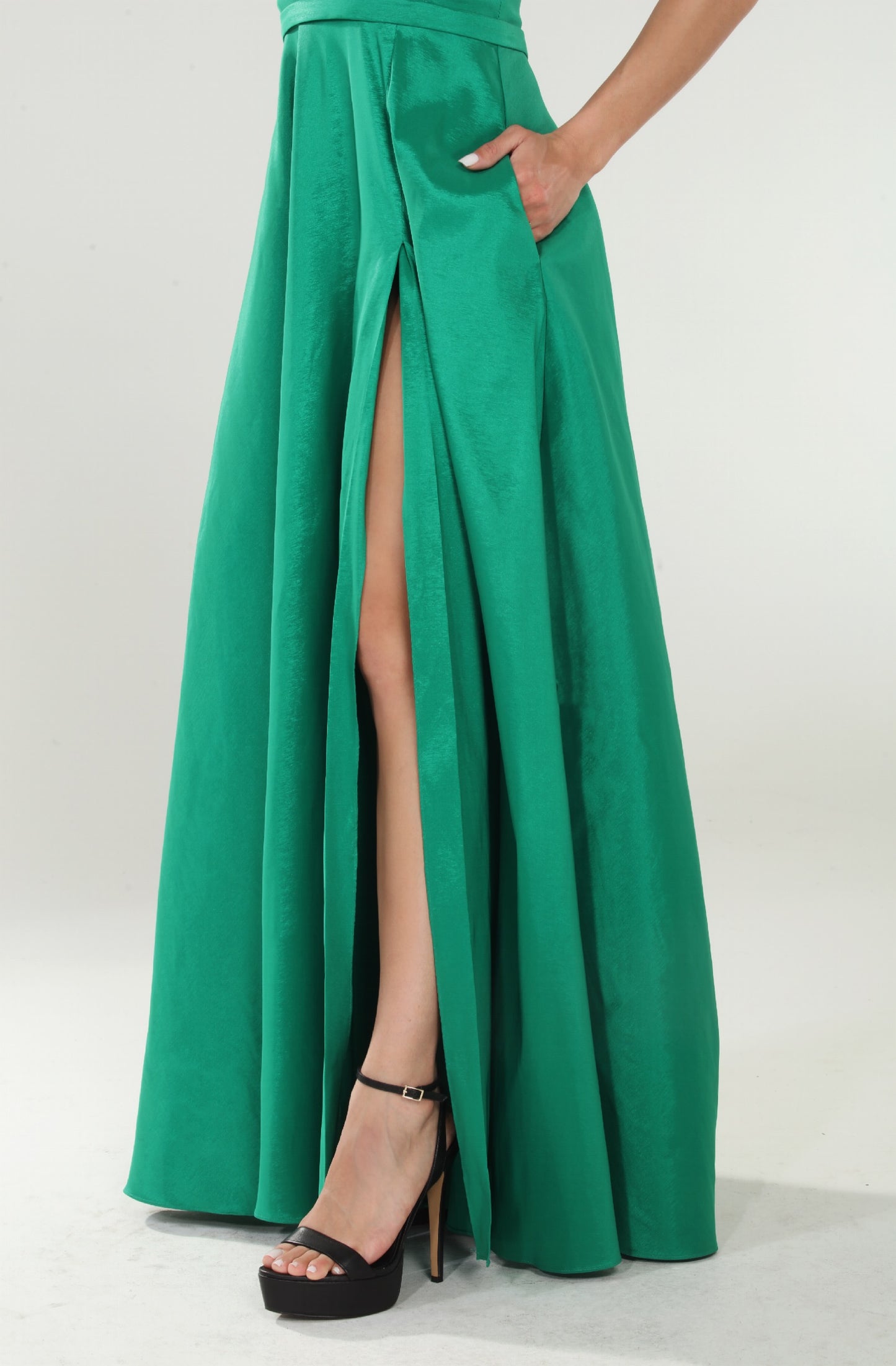 Victoria strapless taffeta knot bodice gown with high side slit and pockets