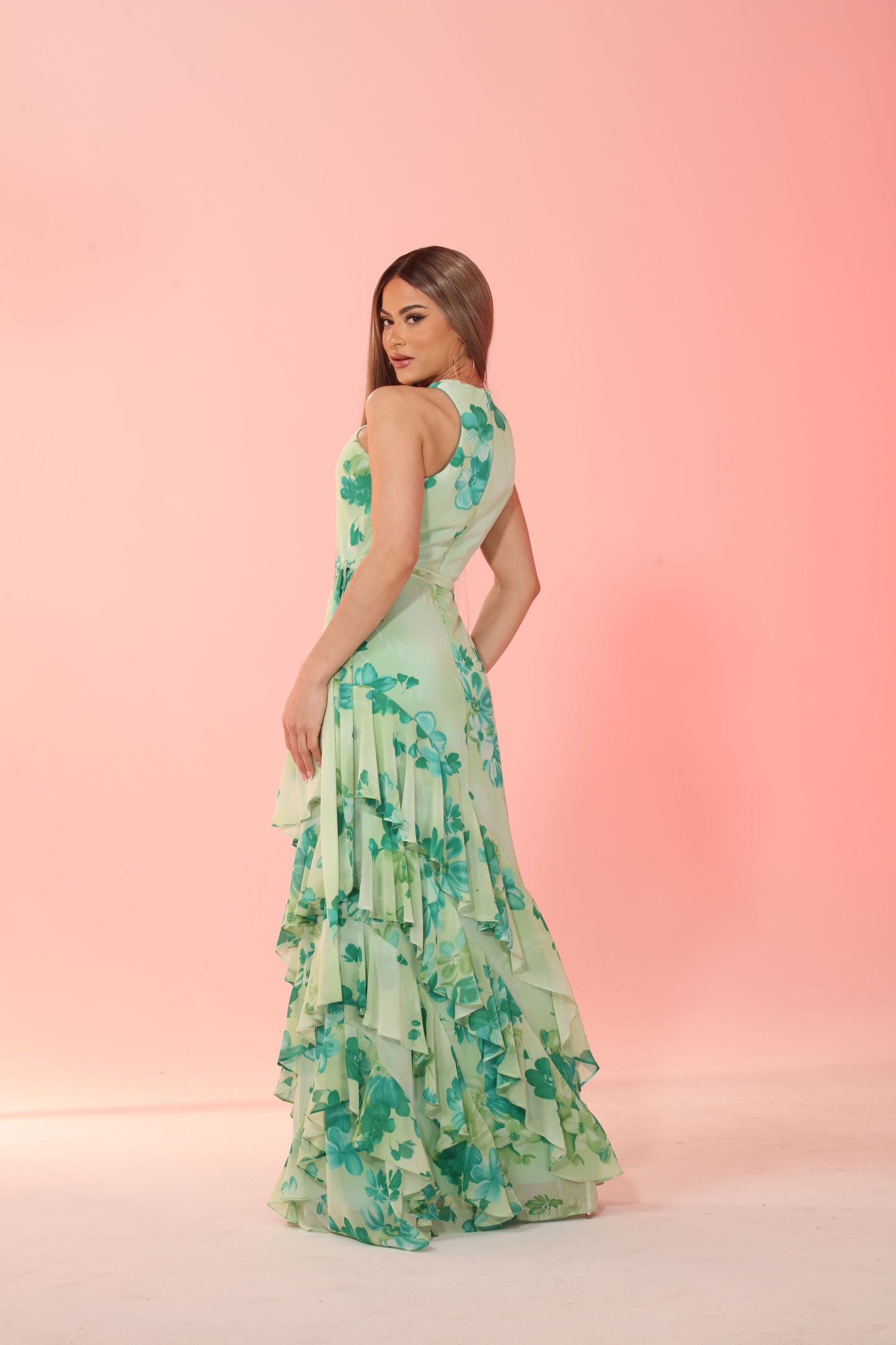 Floral waltz keyhole cross front ruffle halter dress