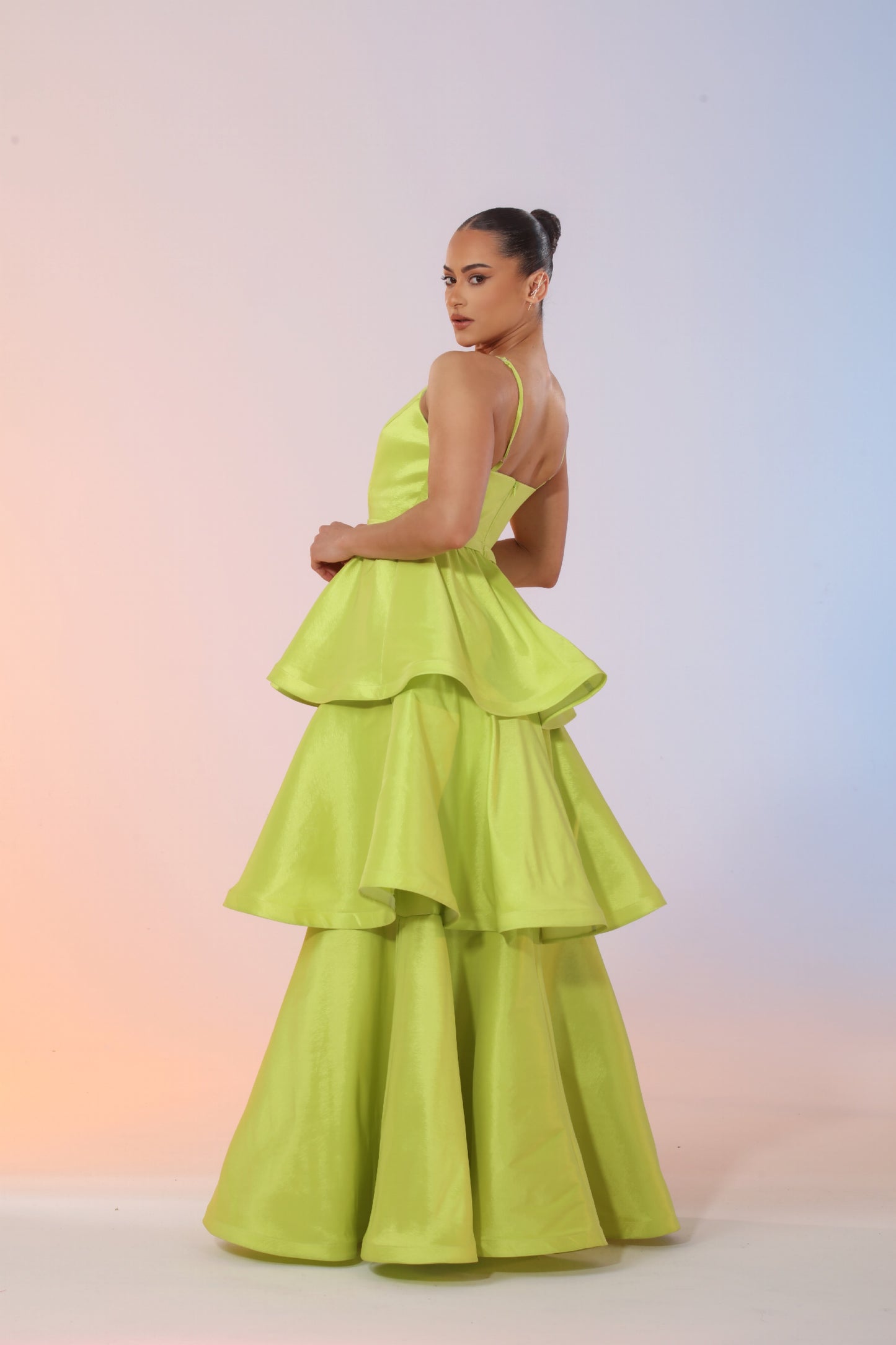 Cascading ruffle layered taffeta gown