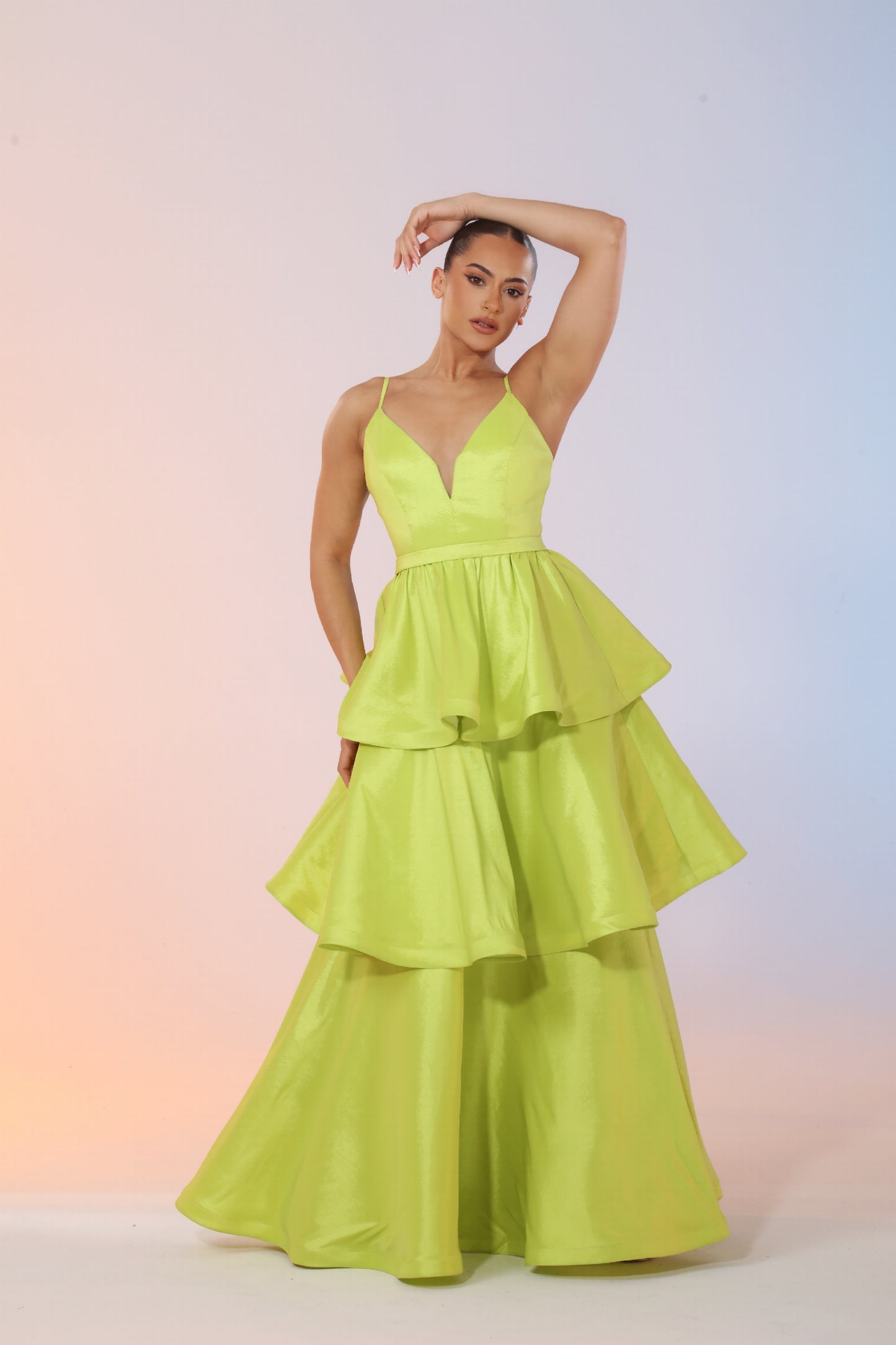 Cascading ruffle layered taffeta gown