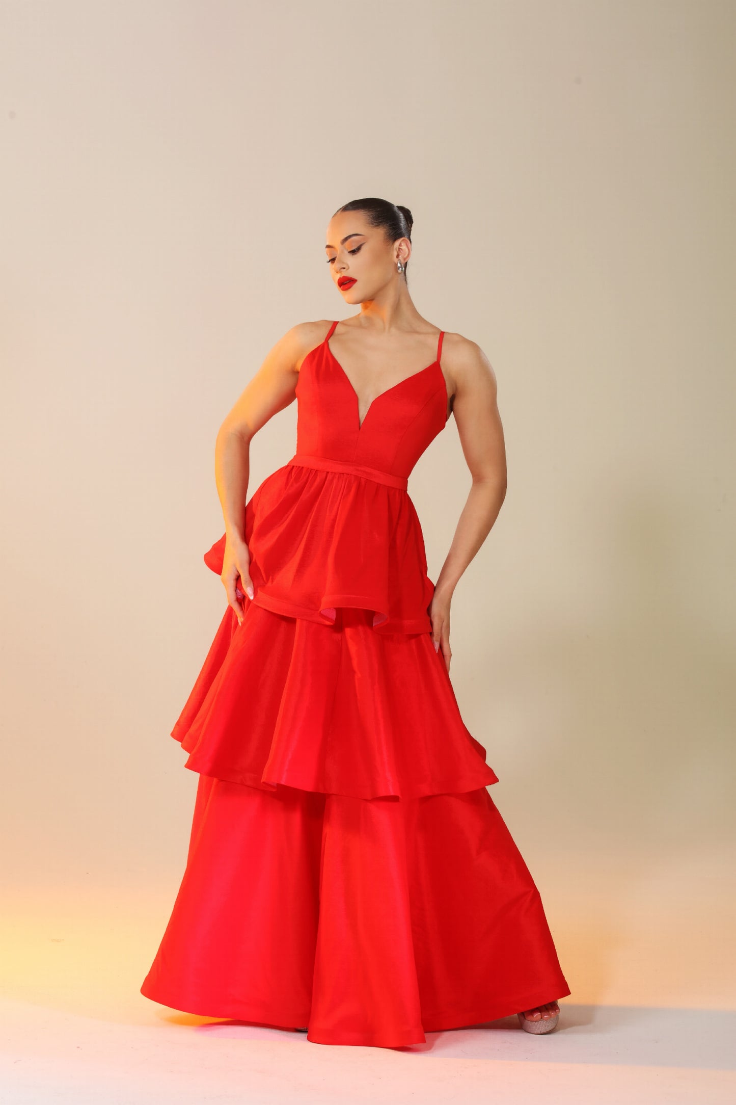 Cascading ruffle layered taffeta gown