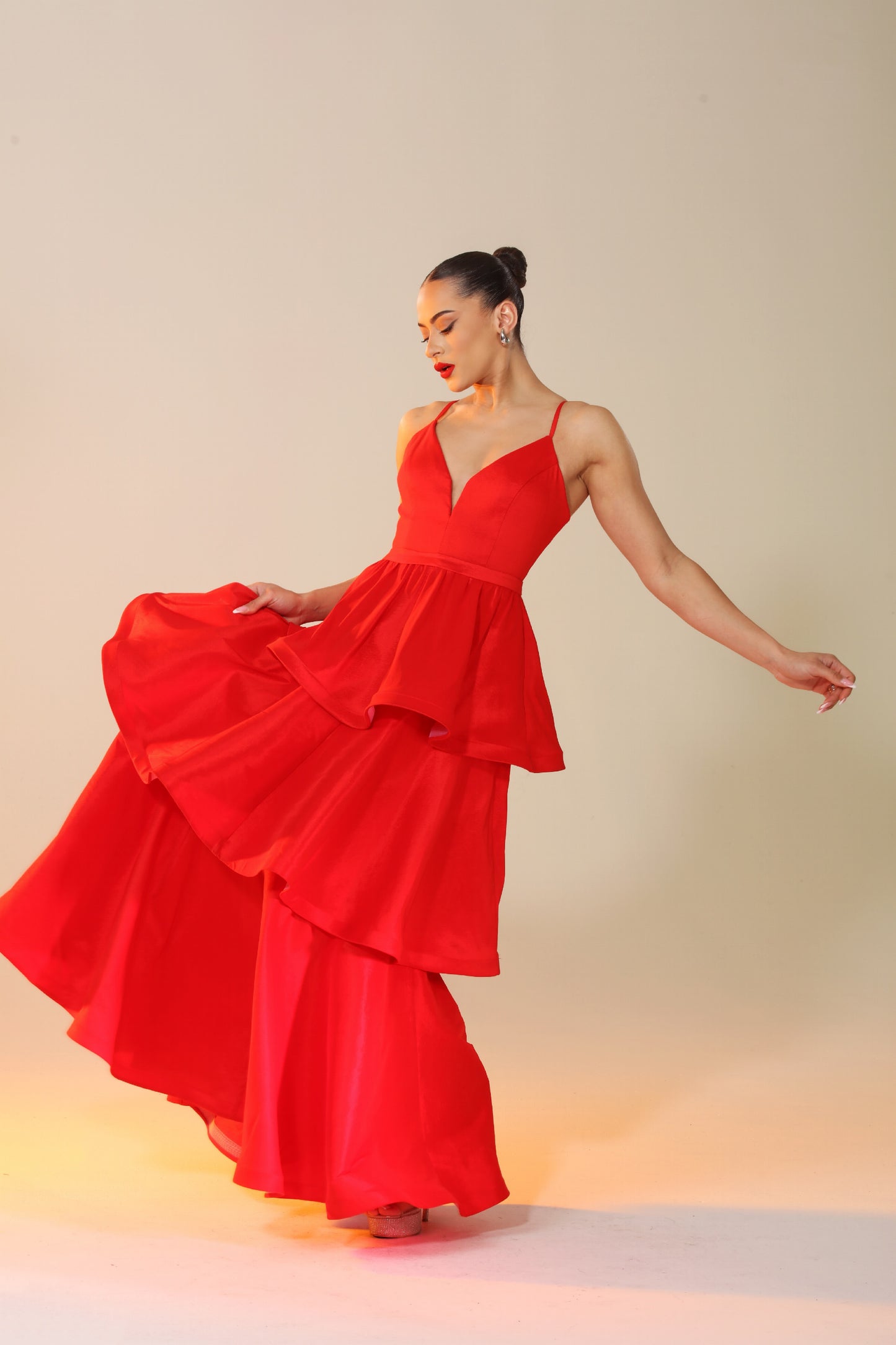 Cascading ruffle layered taffeta gown