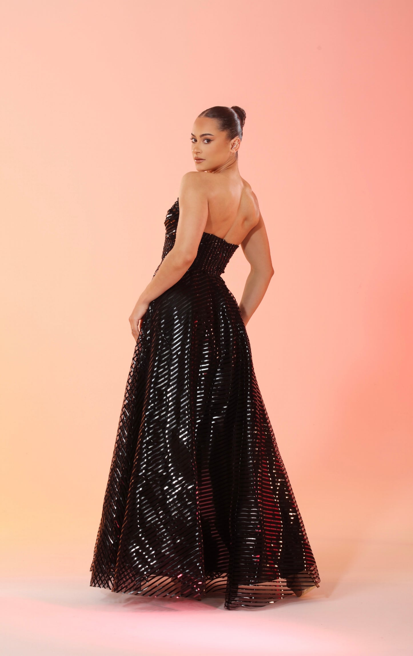 Gabriella black strapless knot front ballgown with pockets