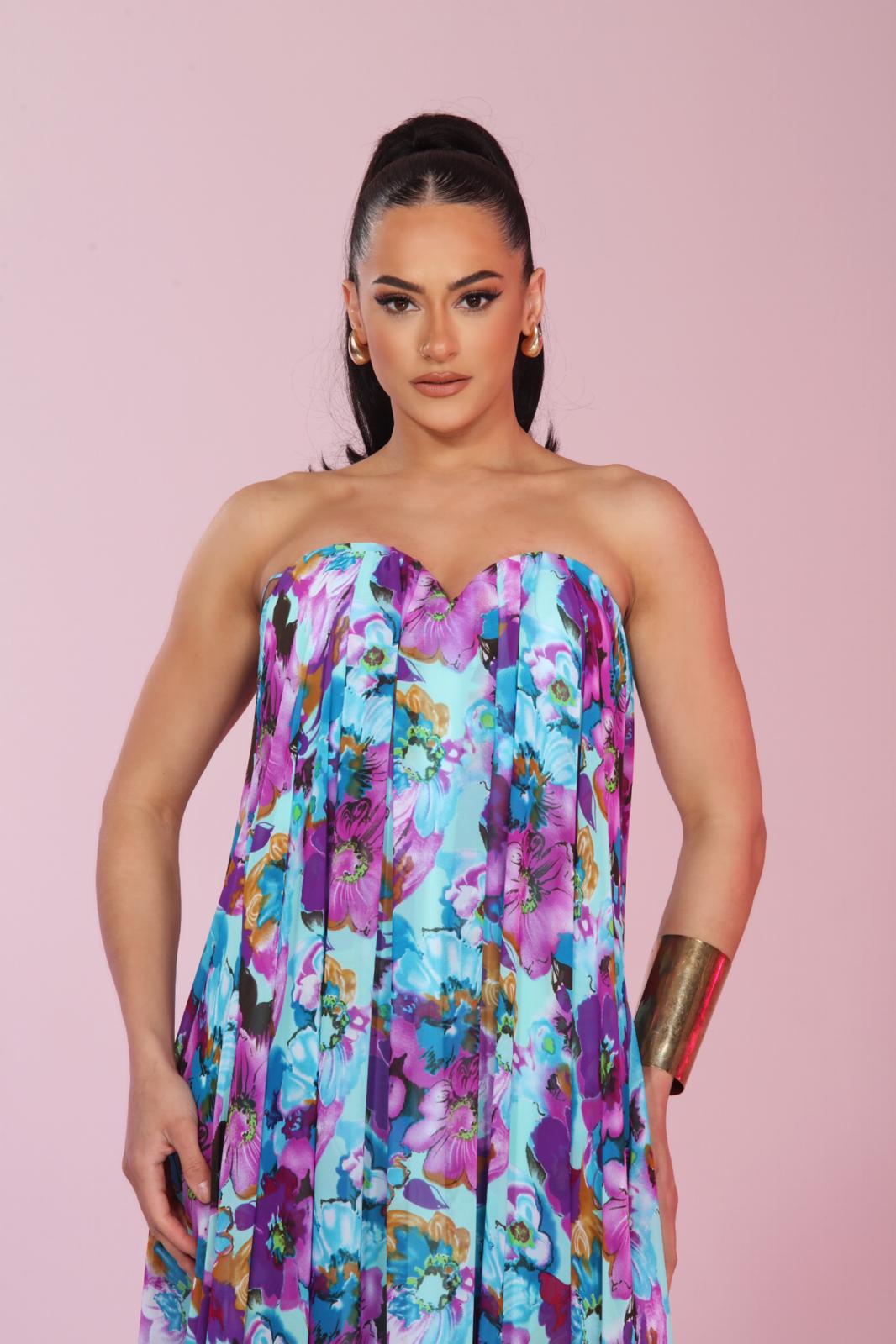 Mila strapless sweetheart floral chiffon gown