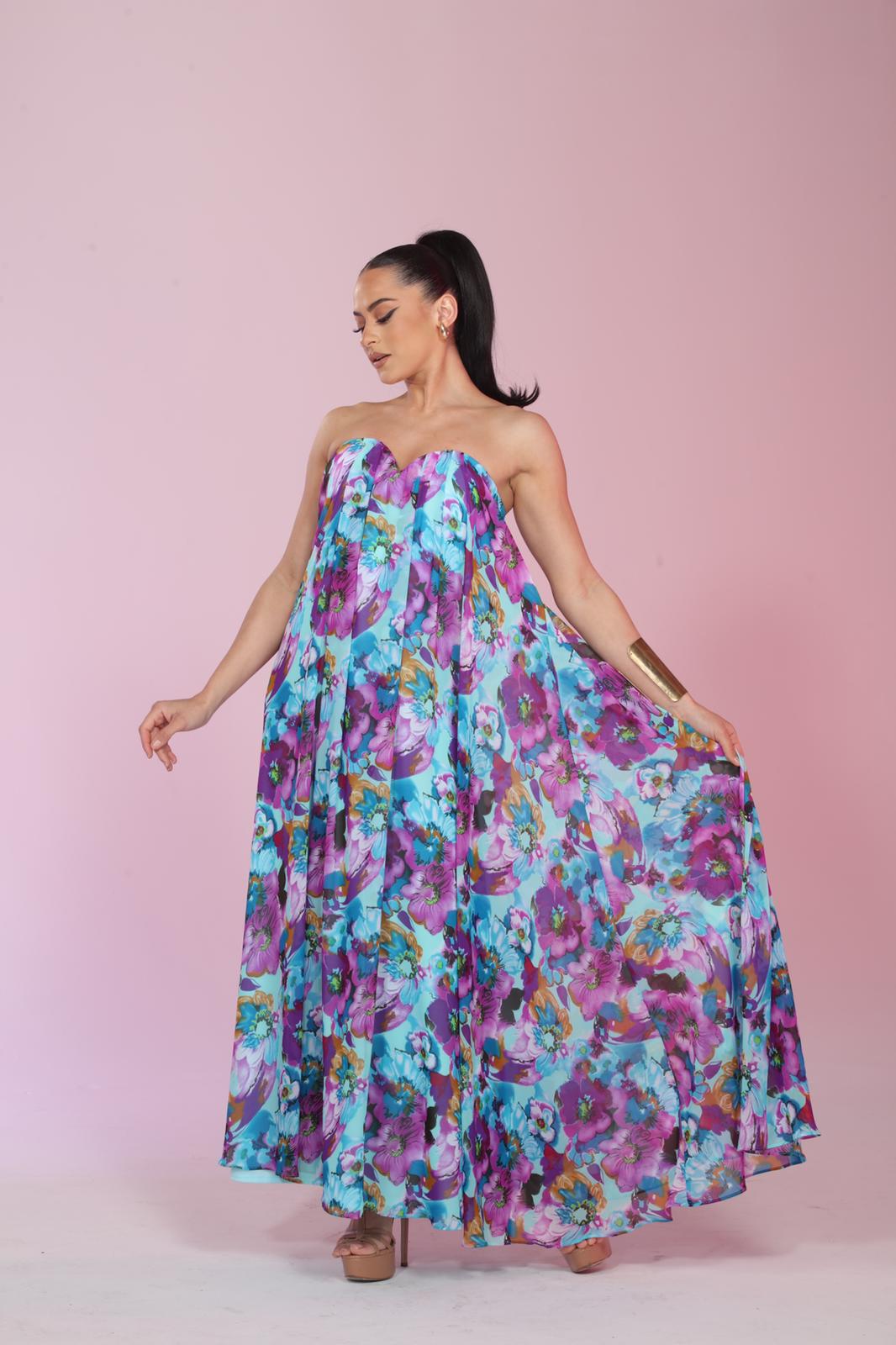 Mila strapless sweetheart floral chiffon gown