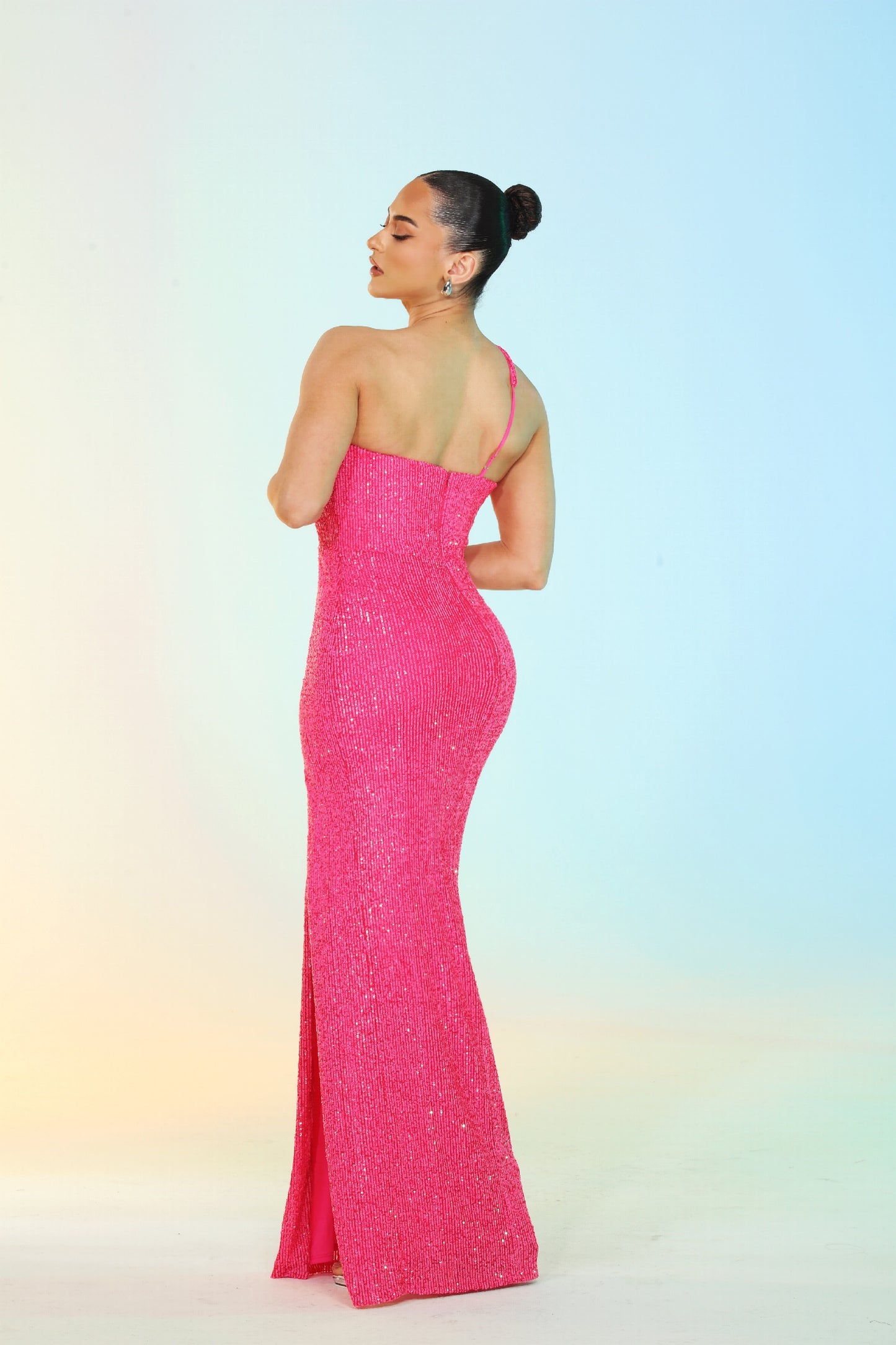Lian Asymmetrical one-sided adjustable strap sequin side slit maxi dress