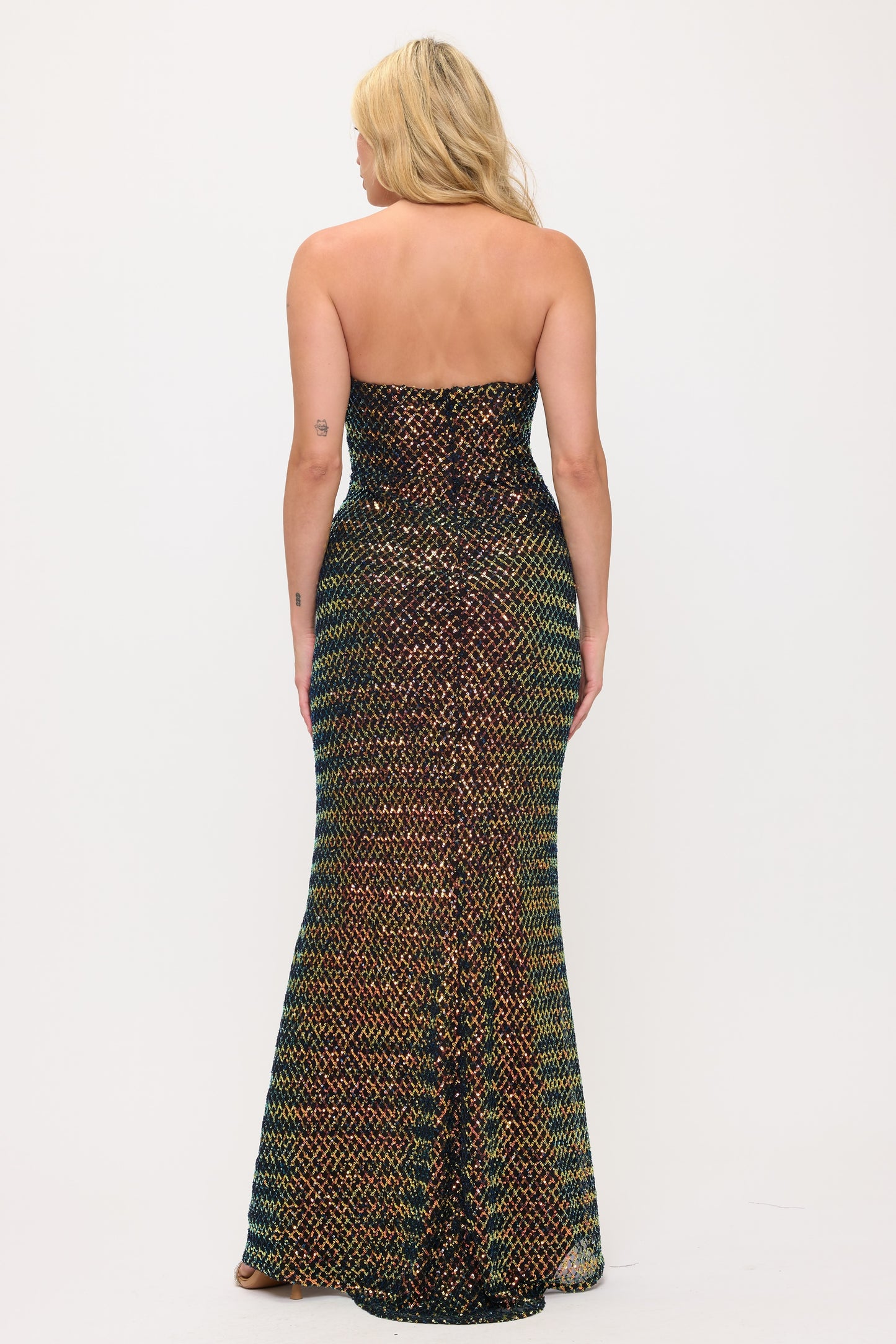 Sequin draped bodice stretchy side slit gown