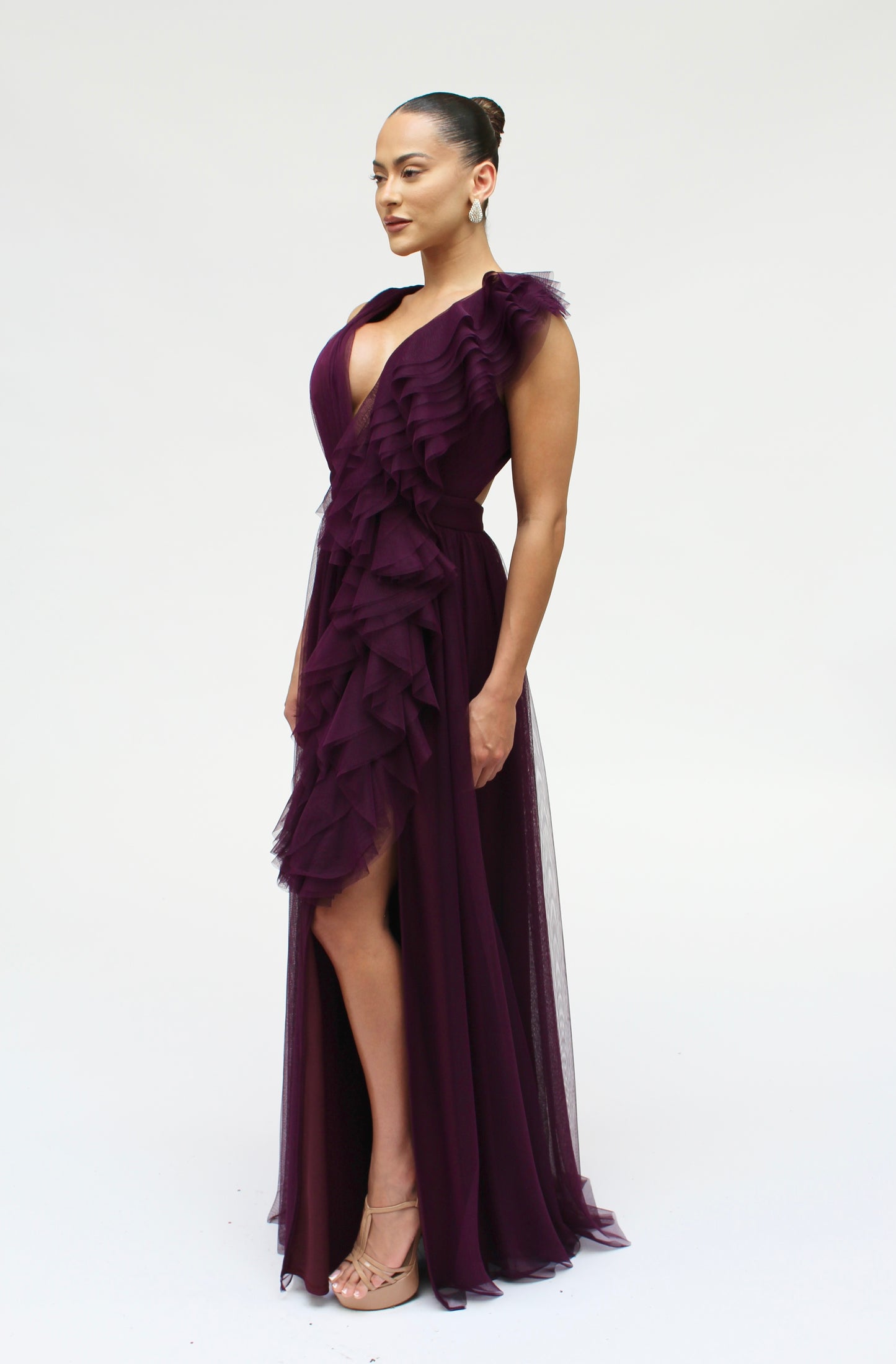 Elegant engagement ruffle layered tulle cascading gown with front slit