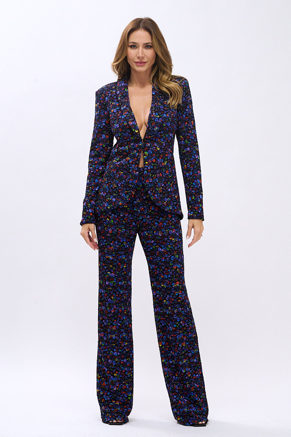 Stretchy floral lace tulip hem jacket and high waisted pants suit set