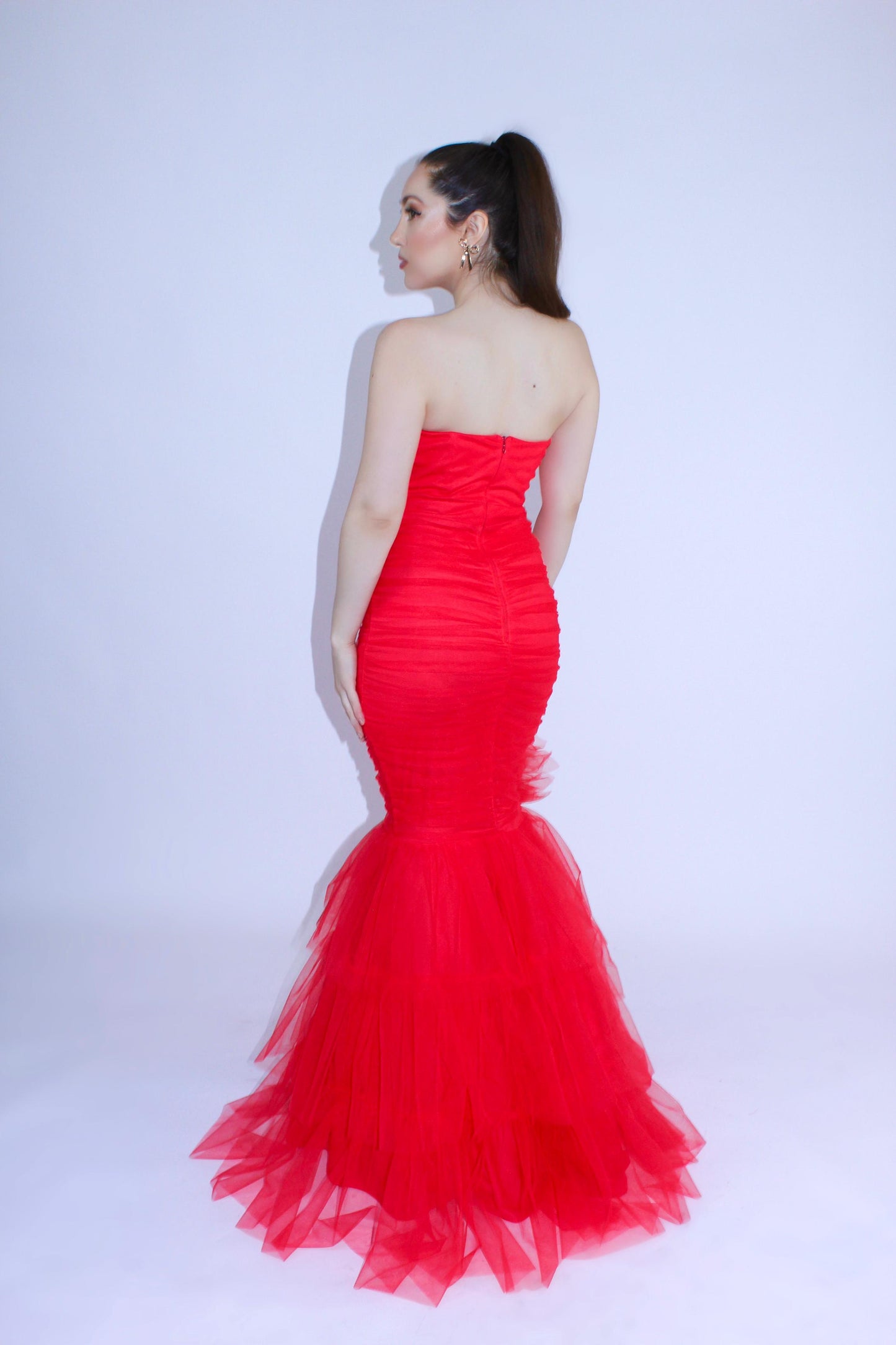 Strapless tulle layered flower detail mermaid gown