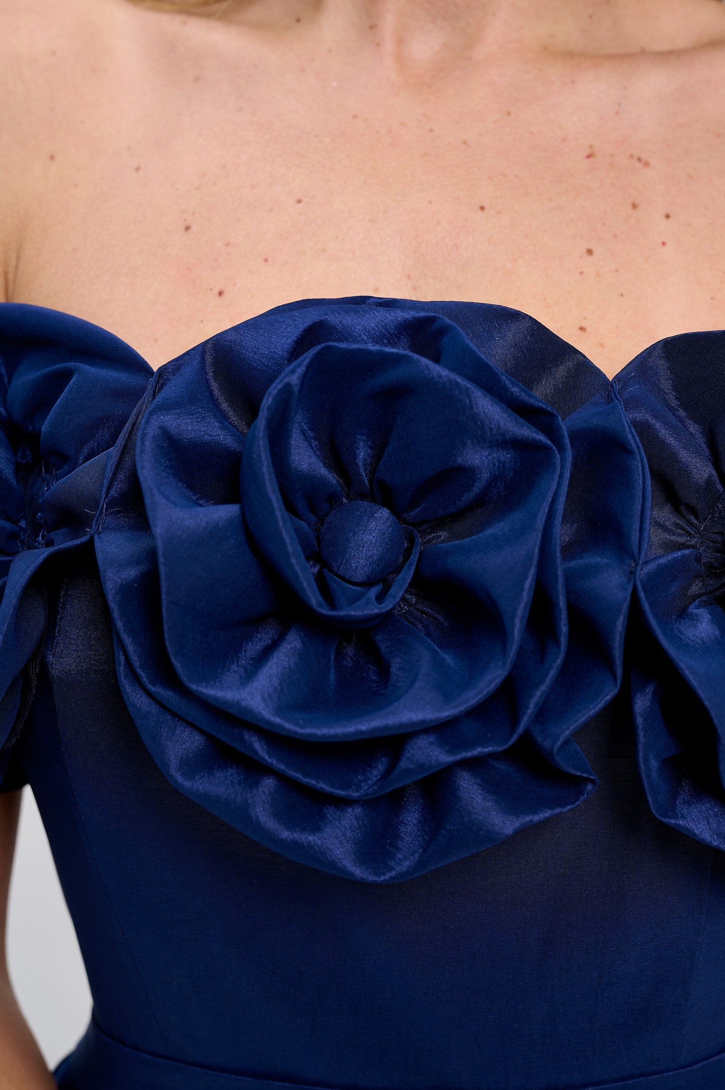 Rose bloom off shoulder taffeta gown