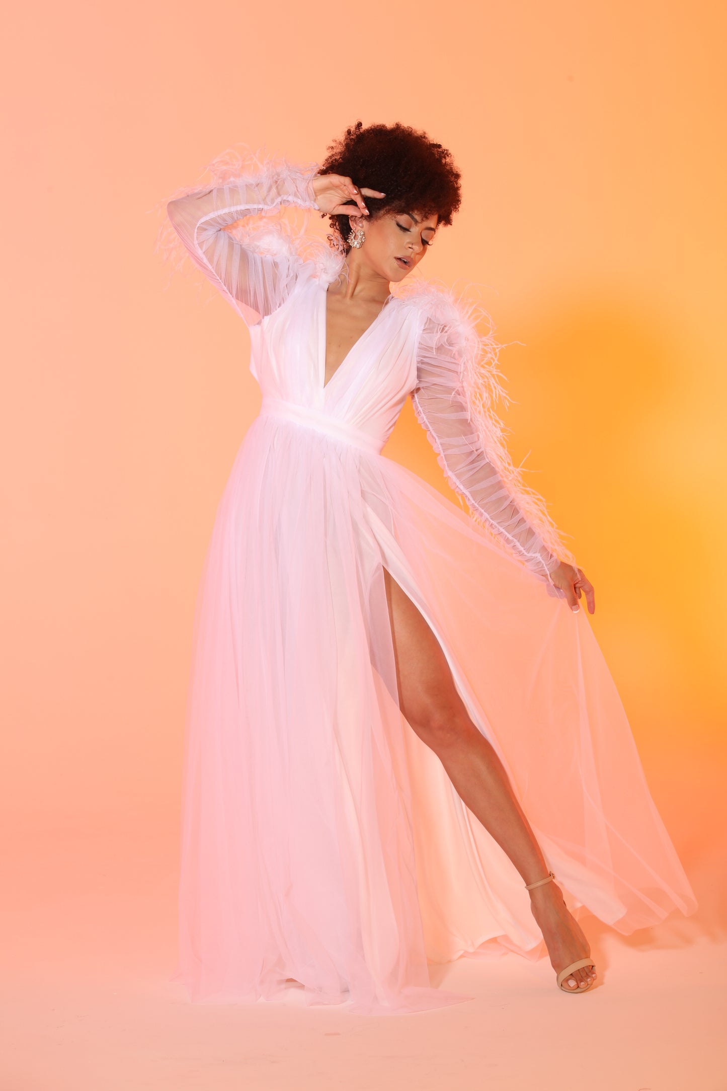 Pre-Order Evvie feather trim tulle slit gown