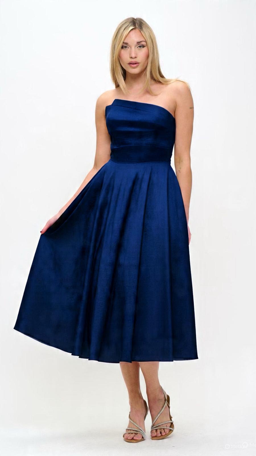Strapless asymmetrical taffeta tea length dress
