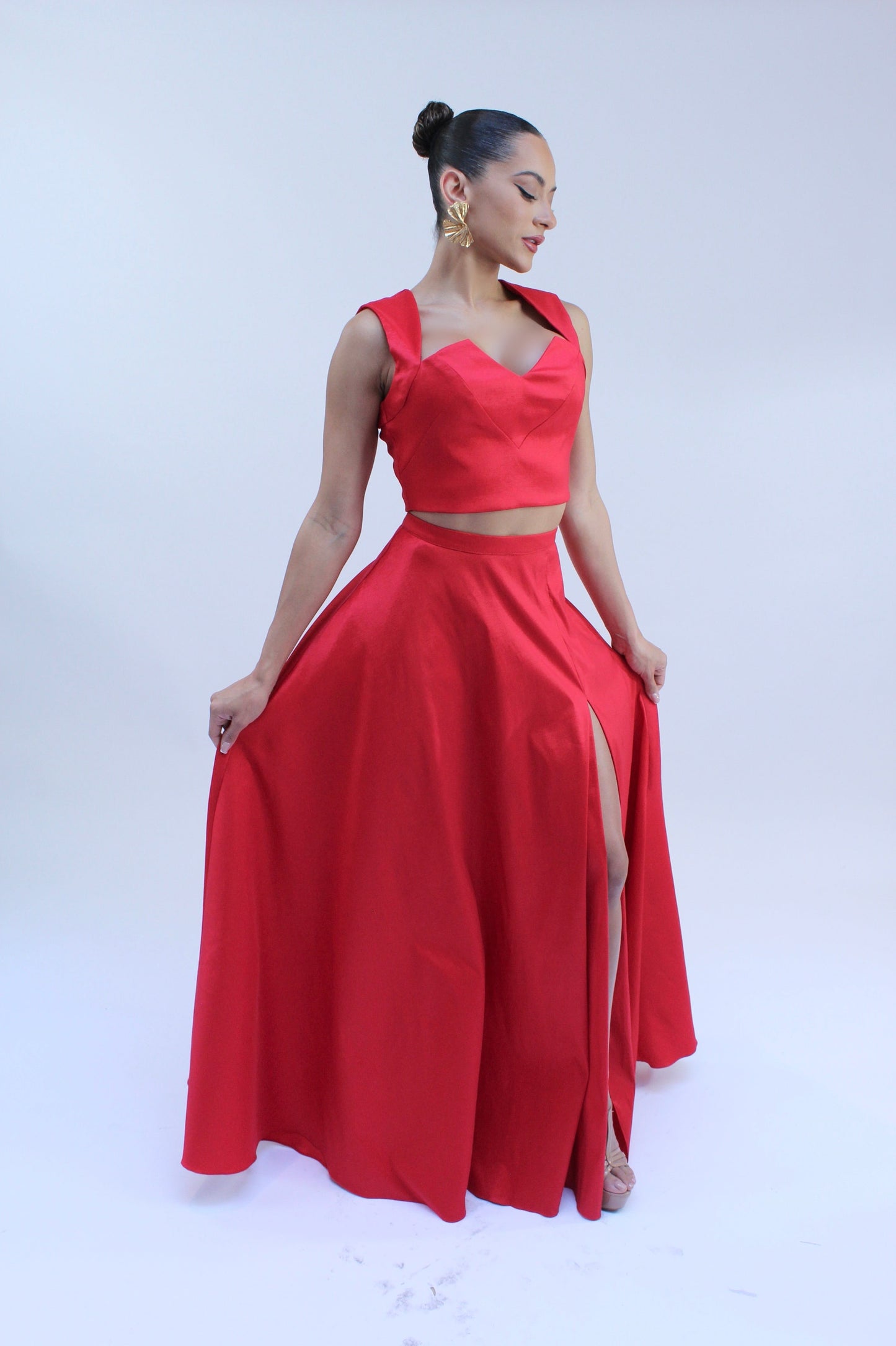 Taffeta crop top and high waisted slit maxi skirt set