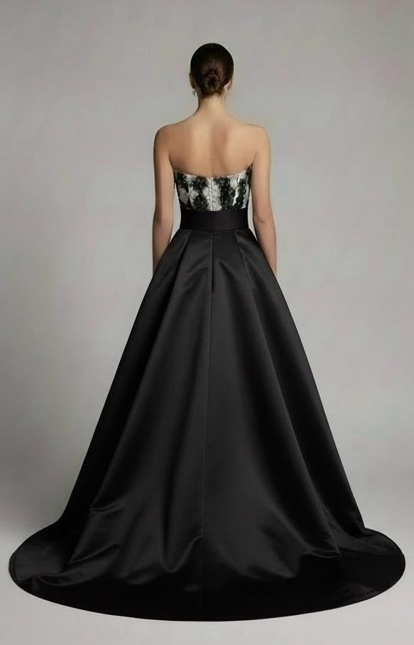 Strapless corset crochet floral lace and satin taffeta gown with detachable bow belt