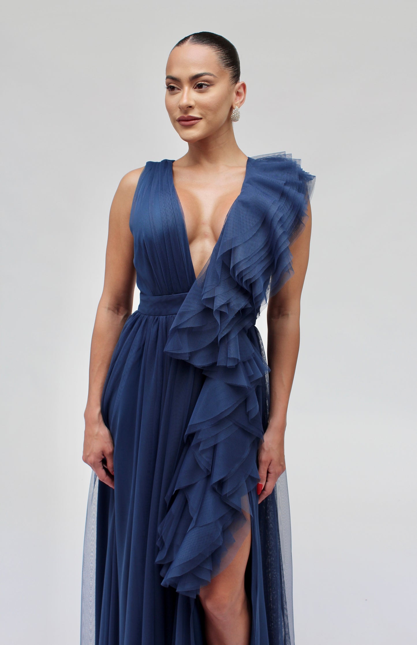 Elegant engagement ruffle layered tulle cascading gown with front slit