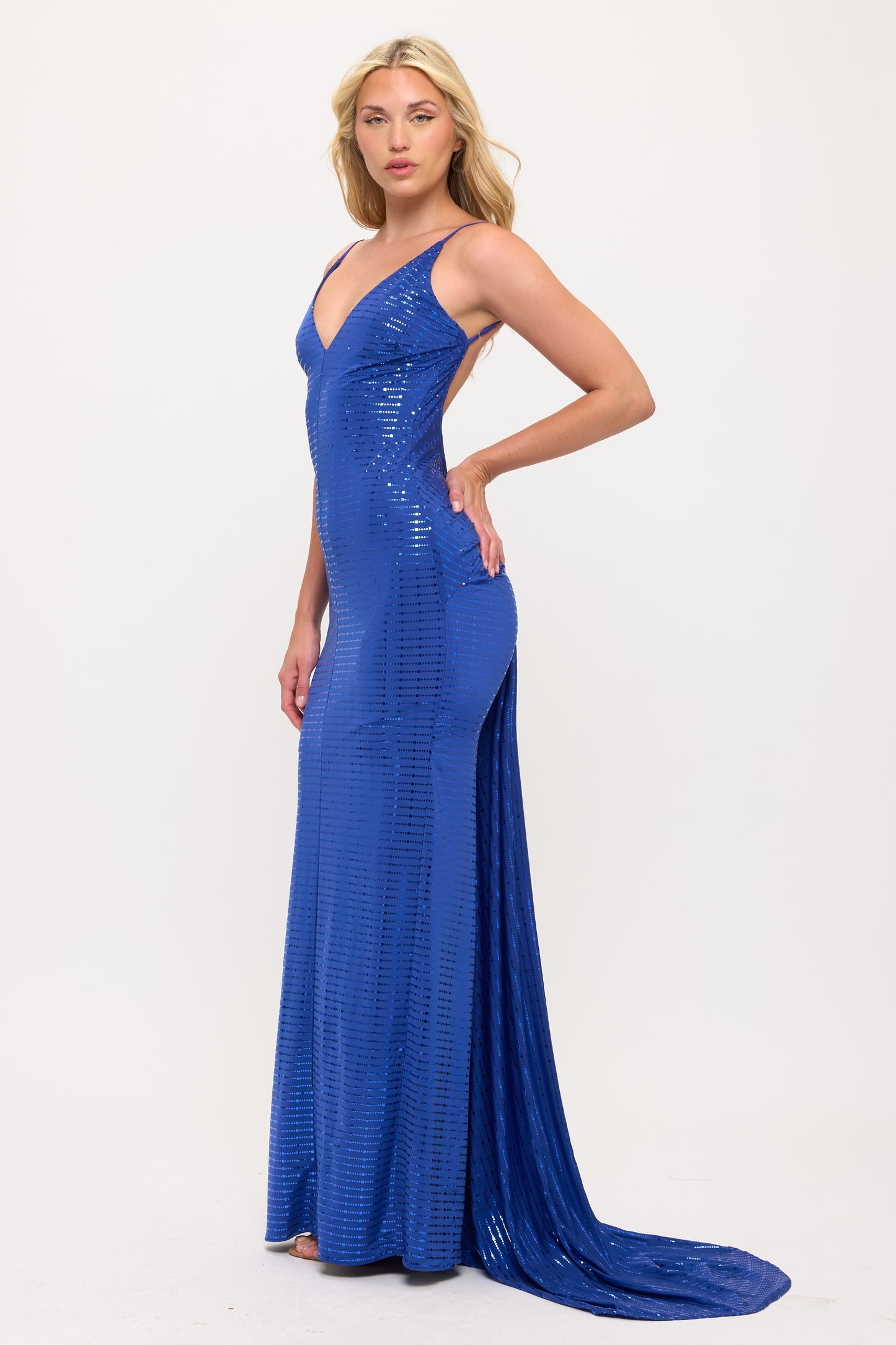 Metallic hourglass open knot back draping silhouette gown