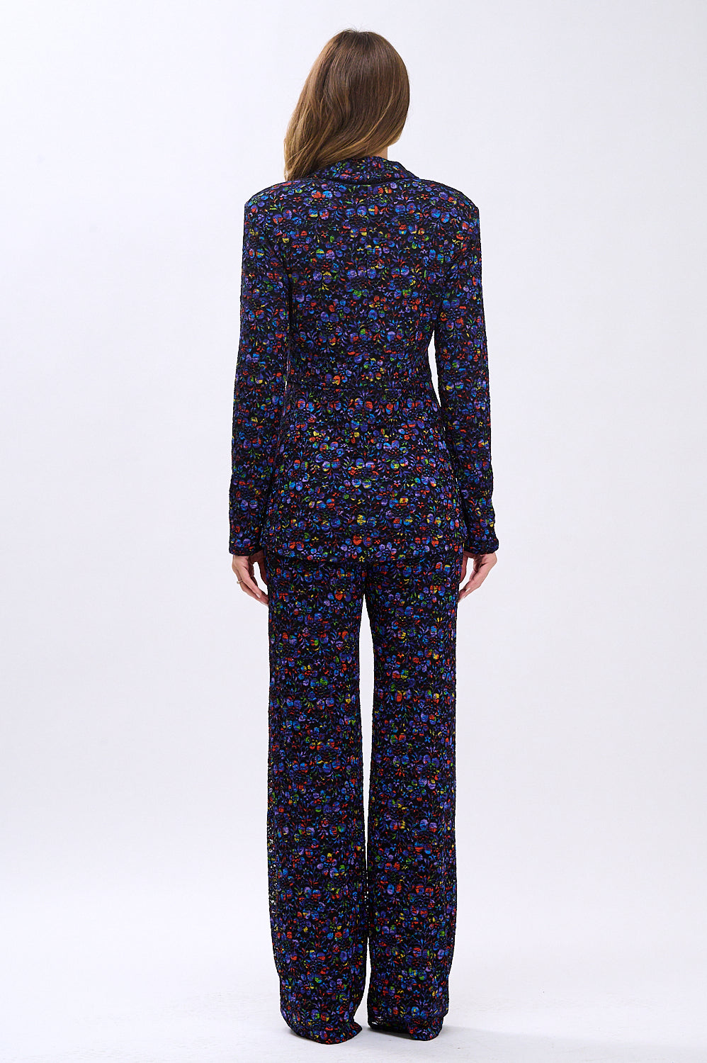 Stretchy floral lace tulip hem jacket and high waisted pants suit set