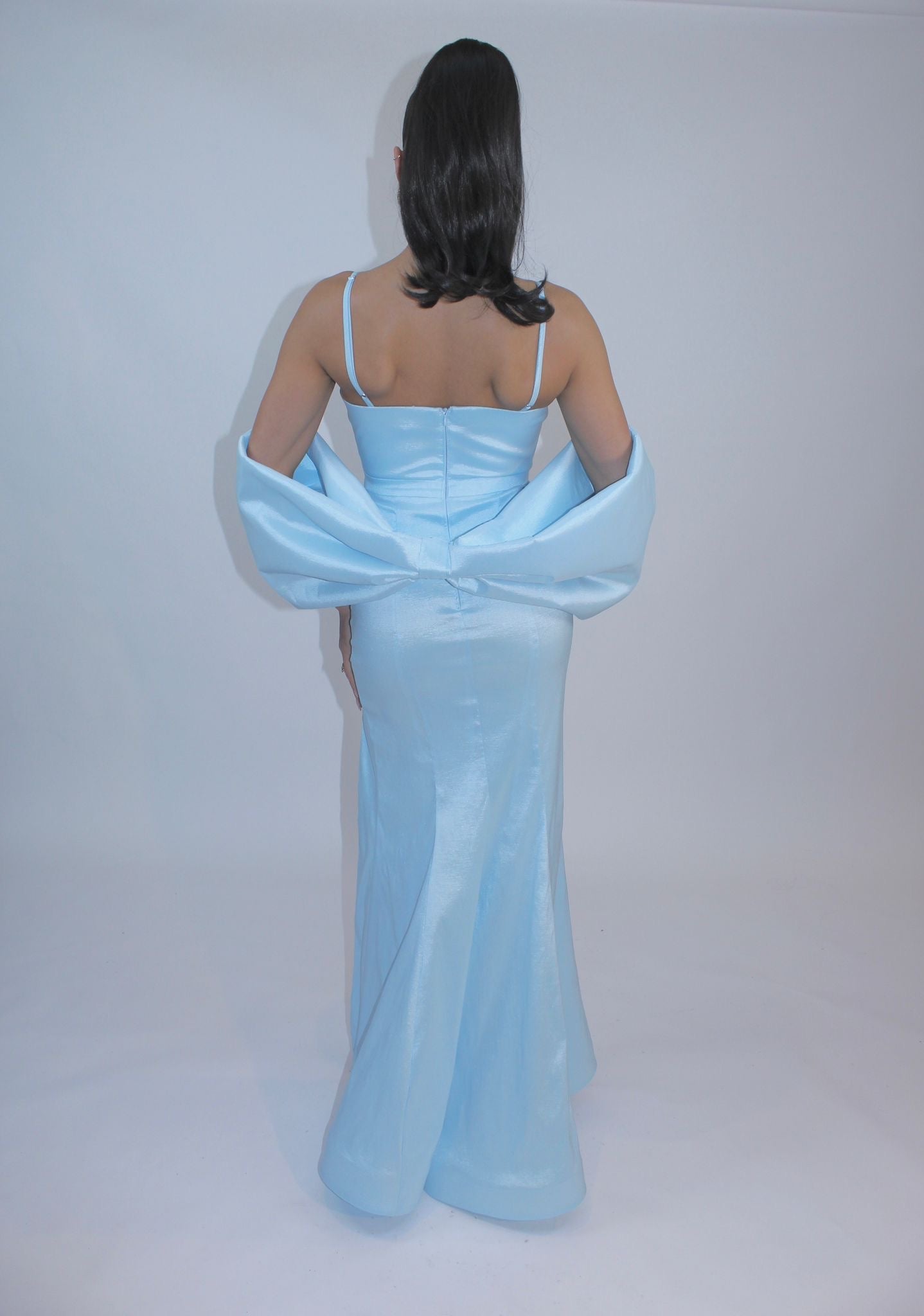 Taffeta mermaid slit gown with detachable bow bolero