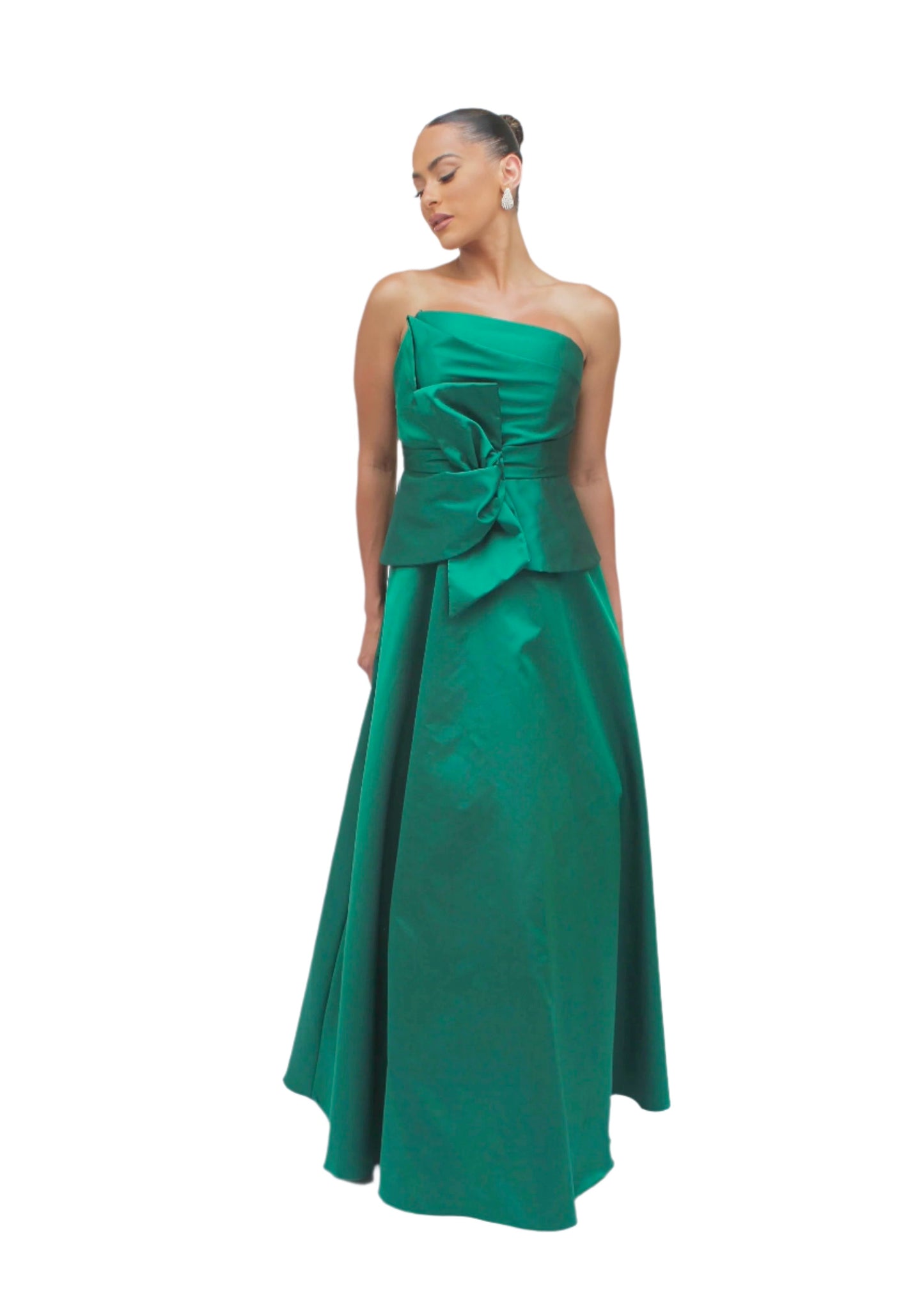 Gia strapless bow taffeta peplum gown